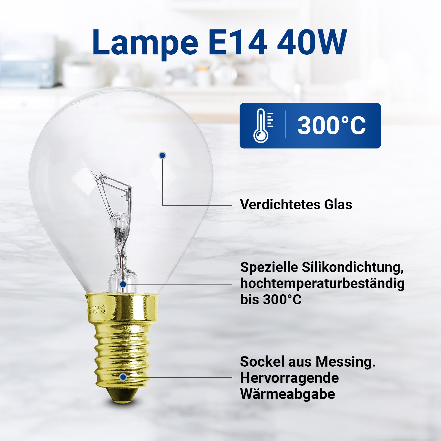 VIOKS Spezialleuchtmittel Glühbirne E14 40W 45mmØ 75mm 220/230V universal, für Backofen, Kühlschrank, Mikrowelle usw