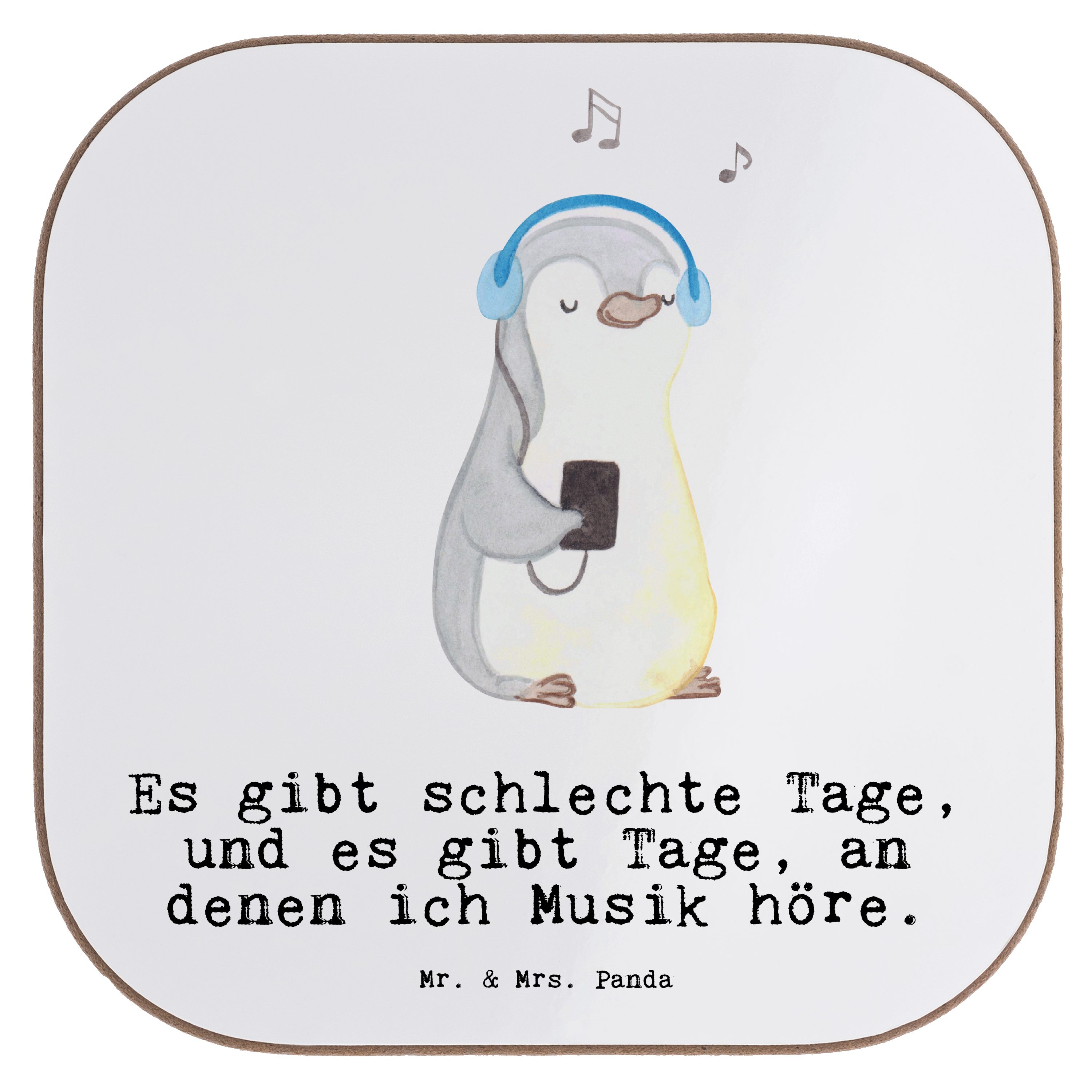 Mr. & Mrs. Panda Getränkeuntersetzer Pinguin Musik hören Tage - Weiß - Geschenk, Untersetzer Gläser, Danke, 1-tlg.