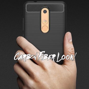 Nalia Smartphone-Hülle Nokia 5.1 (2018), Carbon-Look Silikon Hülle / Matt-Schwarz / Anti-Fingerabdruck / Rutschfest Stoßfest Kratzfest / Karbon-Optik Schutzhülle / Slim Cover Soft Case Etui Handy-Tasche Backcover / Handy-Schale Backcase Handycover Handycase