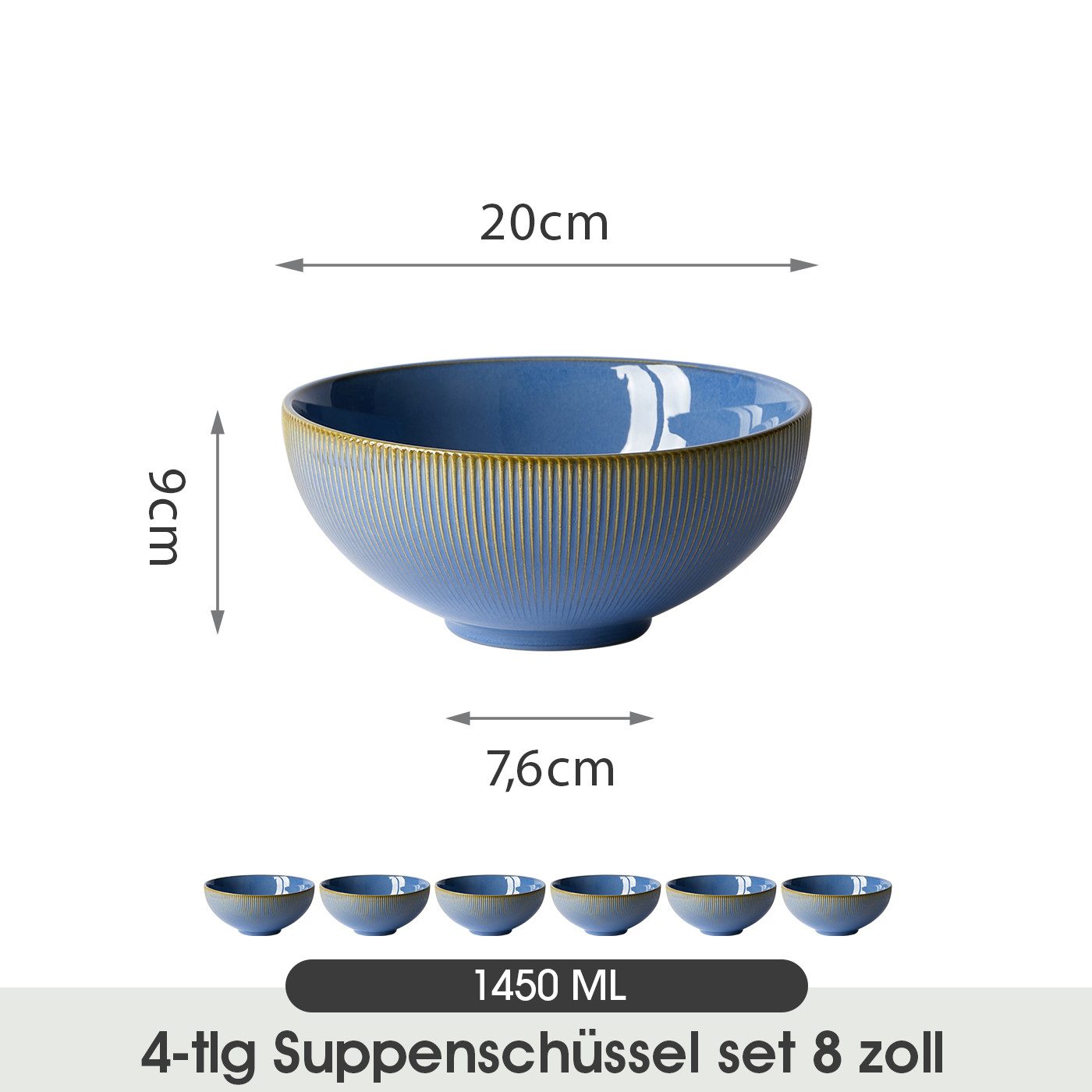 JIWOO Suppenschüssel 6er Ø20cm Salatschüssel Servierschüssel Müslischüssel Obstschüssel, Keramik, (Set, 6-tlg), Keramik Hochwertiges Schüsselset Blau Mikrowellen spülmaschinenfest