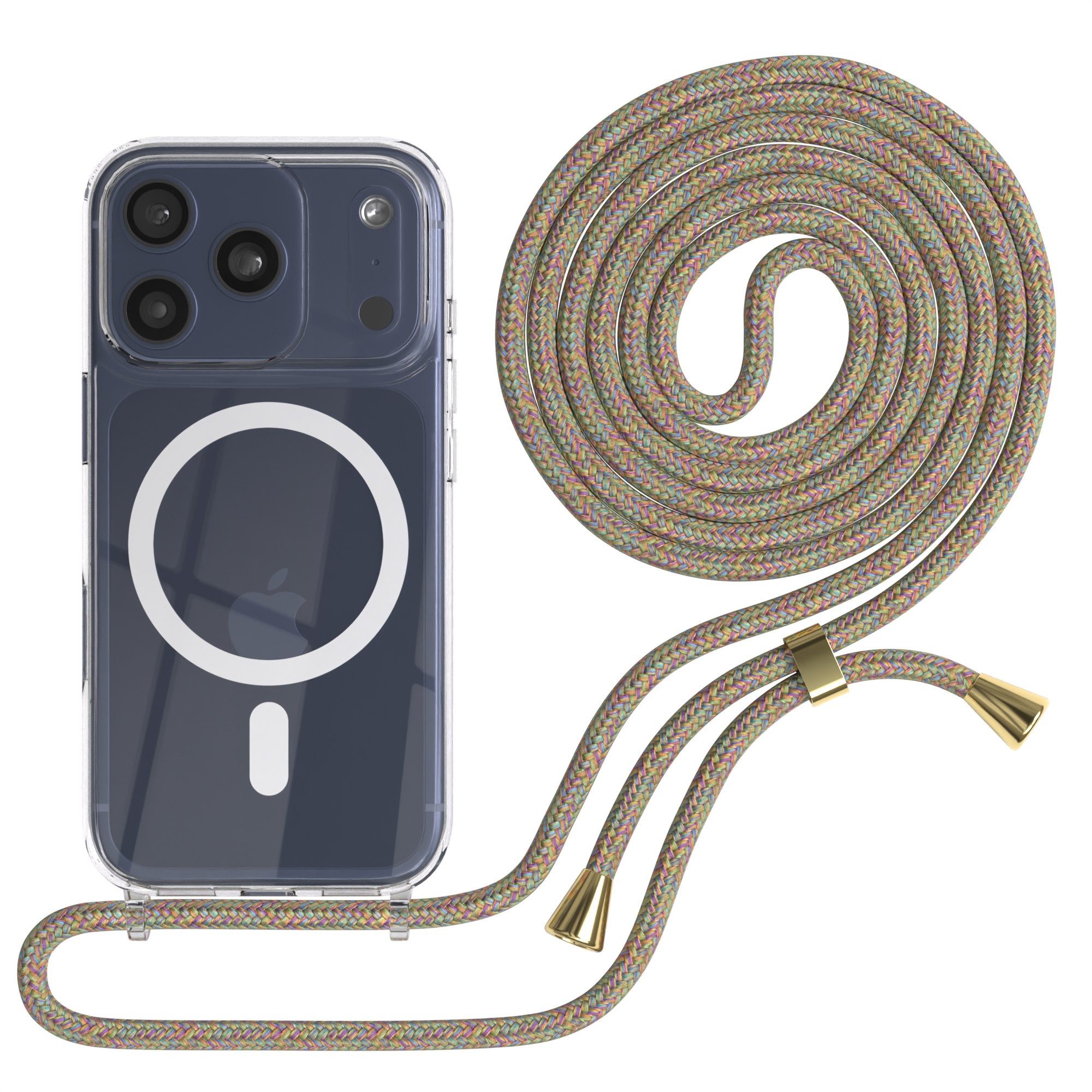 EAZY CASE Handykette mit Magsafe Hülle für Apple iPhone 17 Pro 6,3 Zoll, Hülle Smartphonekette für Unterwegs Klare Festivalhülle Bunte Kette