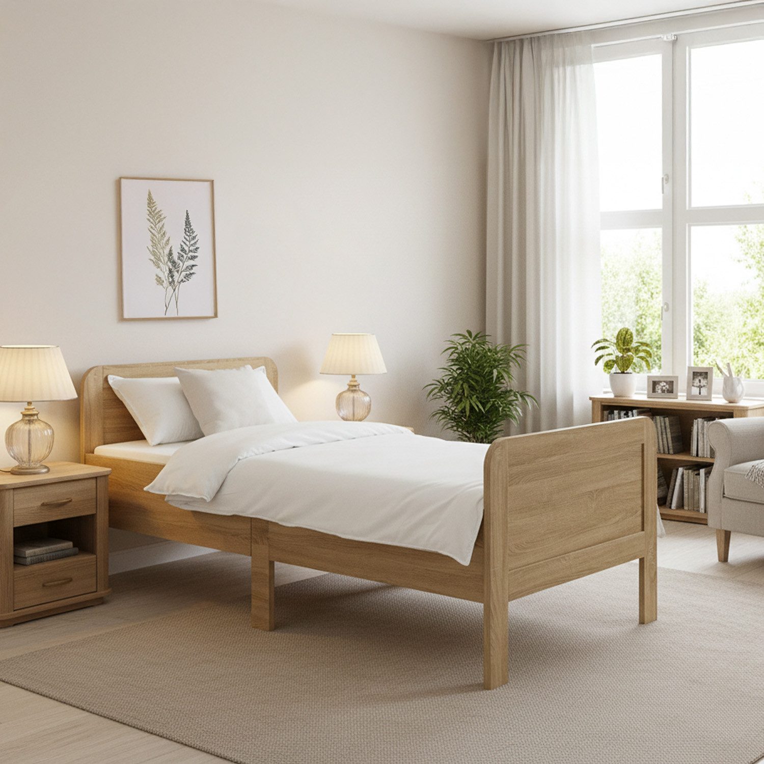 Homestyle4u Funktionsbett 90x200 Komfortbett Braun Natur / Weiß Kiefer Einzelbett Seniorenbett, Aufbau per Stecksystem, höhenverstellbar, erhöhter Einstieg
