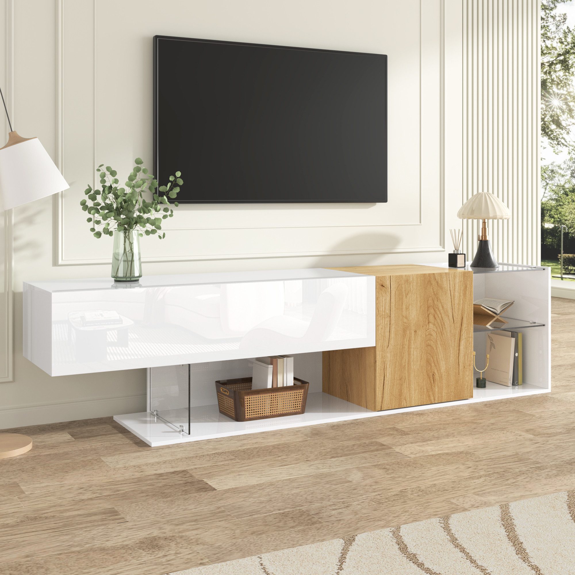 Merax Lowboard Hochglanz Weiß mit Holzoptik (1 St), TV-Schrank mit Klapptüren, Schränken und offenen Regalen, 180x38x48cm