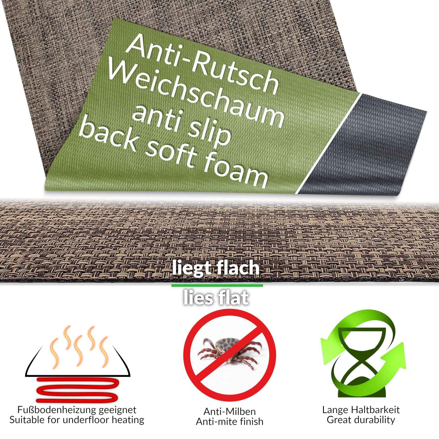 ANRO Küchenläufer Hochwertig Outdoorläufer Teppich TATAMI Läufermatte, Eckig, Höhe: 3 mm, Rattanoptik