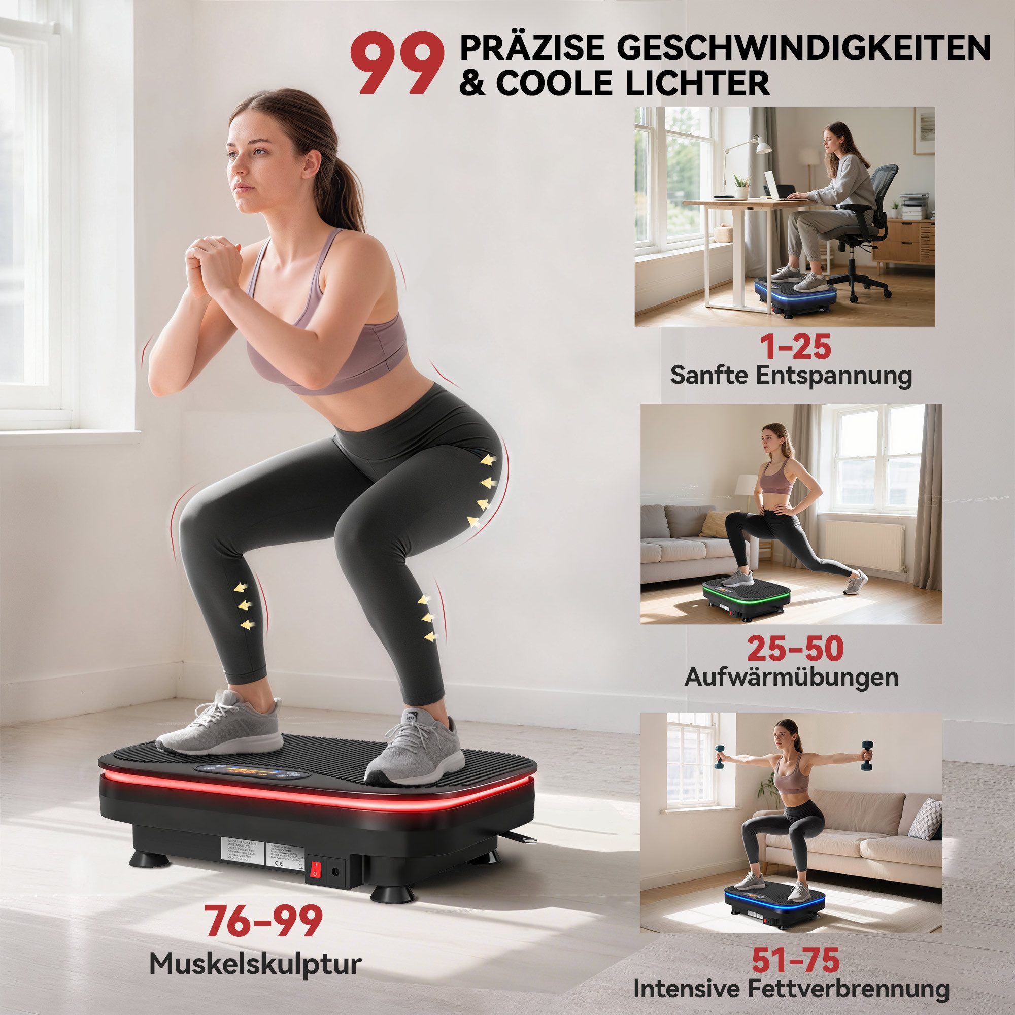 SPORTNOW Heimtrainer Widerstandsbänder Kompakt Vibrationsgerät für Muskelaufbau (Vibrationsplatte, 1-tlg., Rüttelplatte), mit LED-Anzeige, Schwarz – Bild 4 von 5