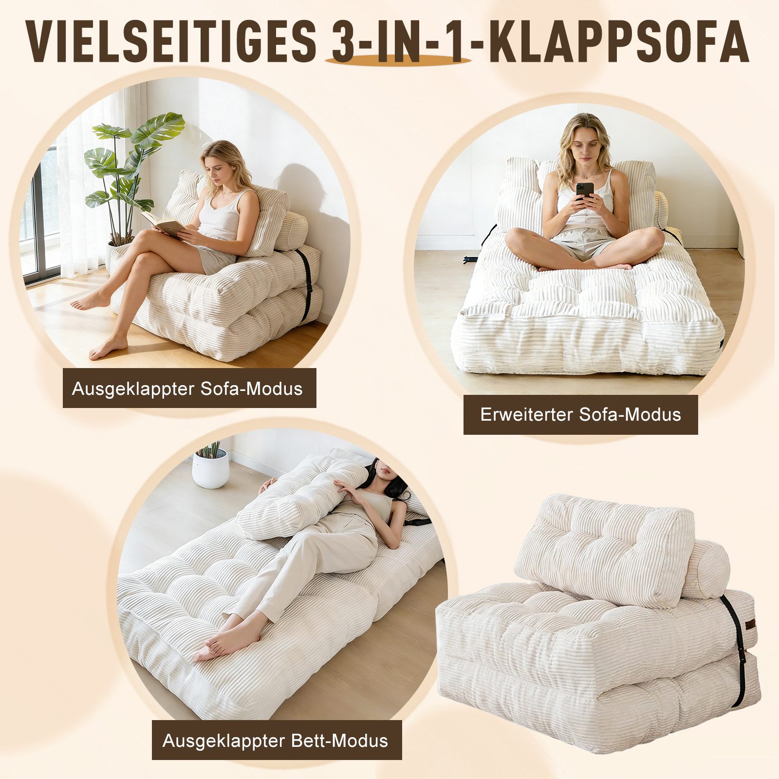 TWSOUL Sitzsack Schlafsofa Klappsofa faltbar mit Matratze,3-in-1 Gästebett, & Bodensofa, platzsparend,für Wohnzimmer & Gästezimmer