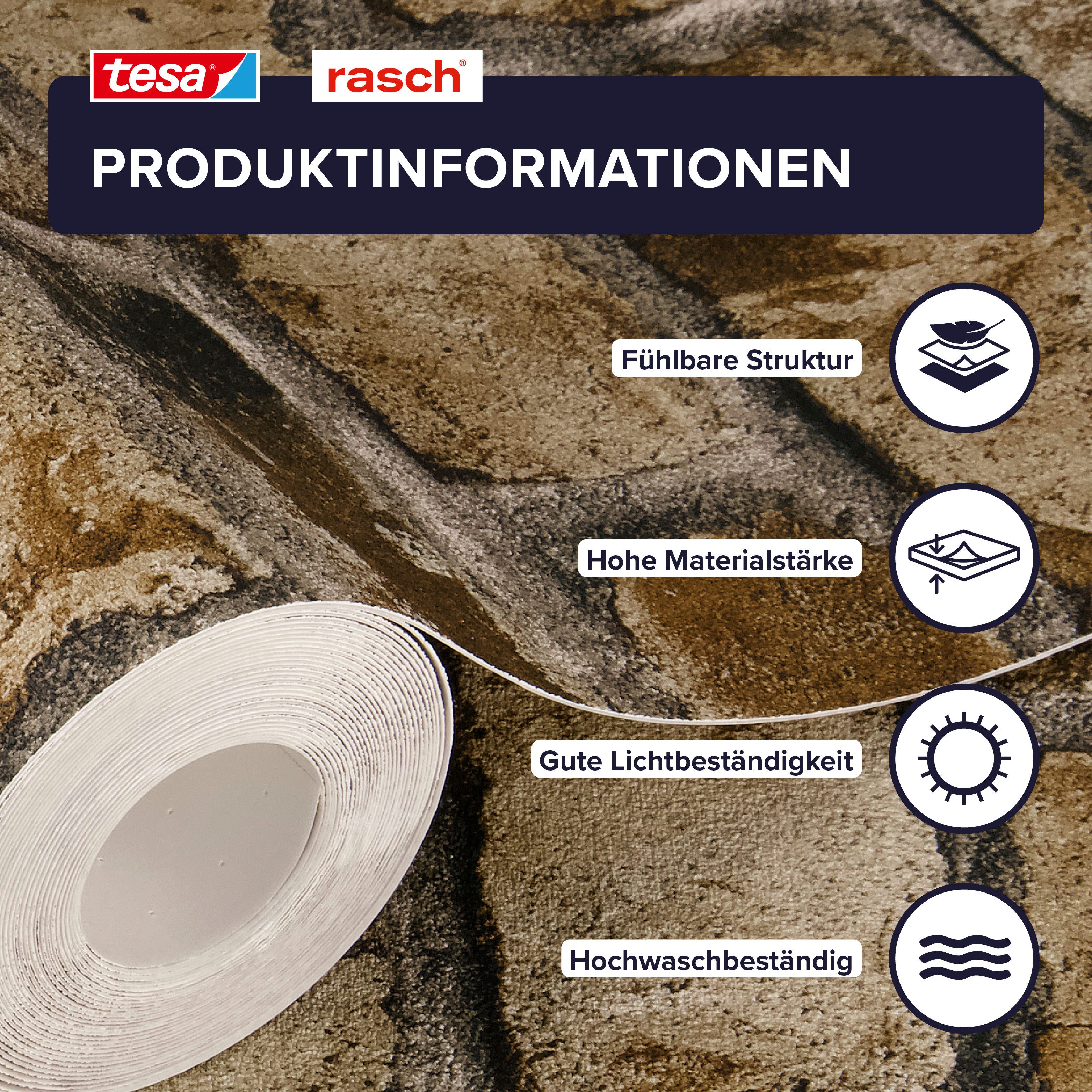 Rasch Vliestapete Clayton - Selbstklebende Tapete Mauer von tesa® x rasch®, strukturiert, Steinoptik, Ziegel, Steinmauer, Mauerwerk, (1 St), selbstklebend, 6,00m x 0,53m