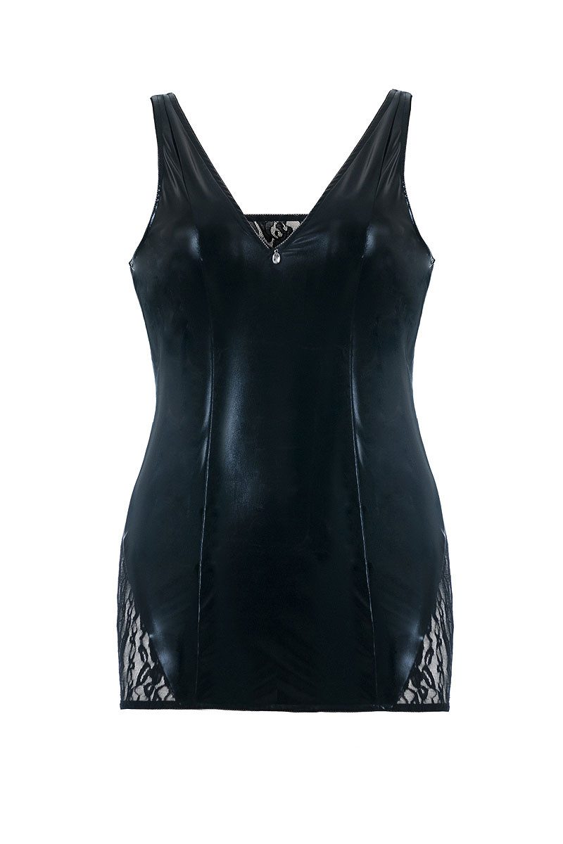 Andalea Negligé Elegantes Chemise schwarz aus Spitze und Wetlook mit Netz eng Ausschni