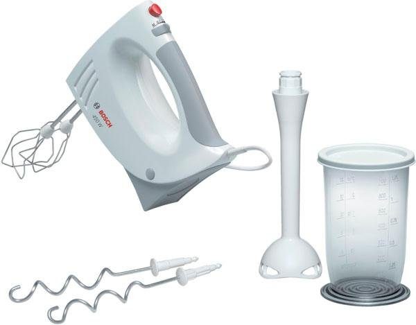 BOSCH Handmixer CleverMixx MFQ3540 Edelst. Rührbesen/Knethaken, Mixfuß, weiß/grau, 450 W, Becher, 5 Stufen, Turbotaste, Auswurftaste, Made in Europe