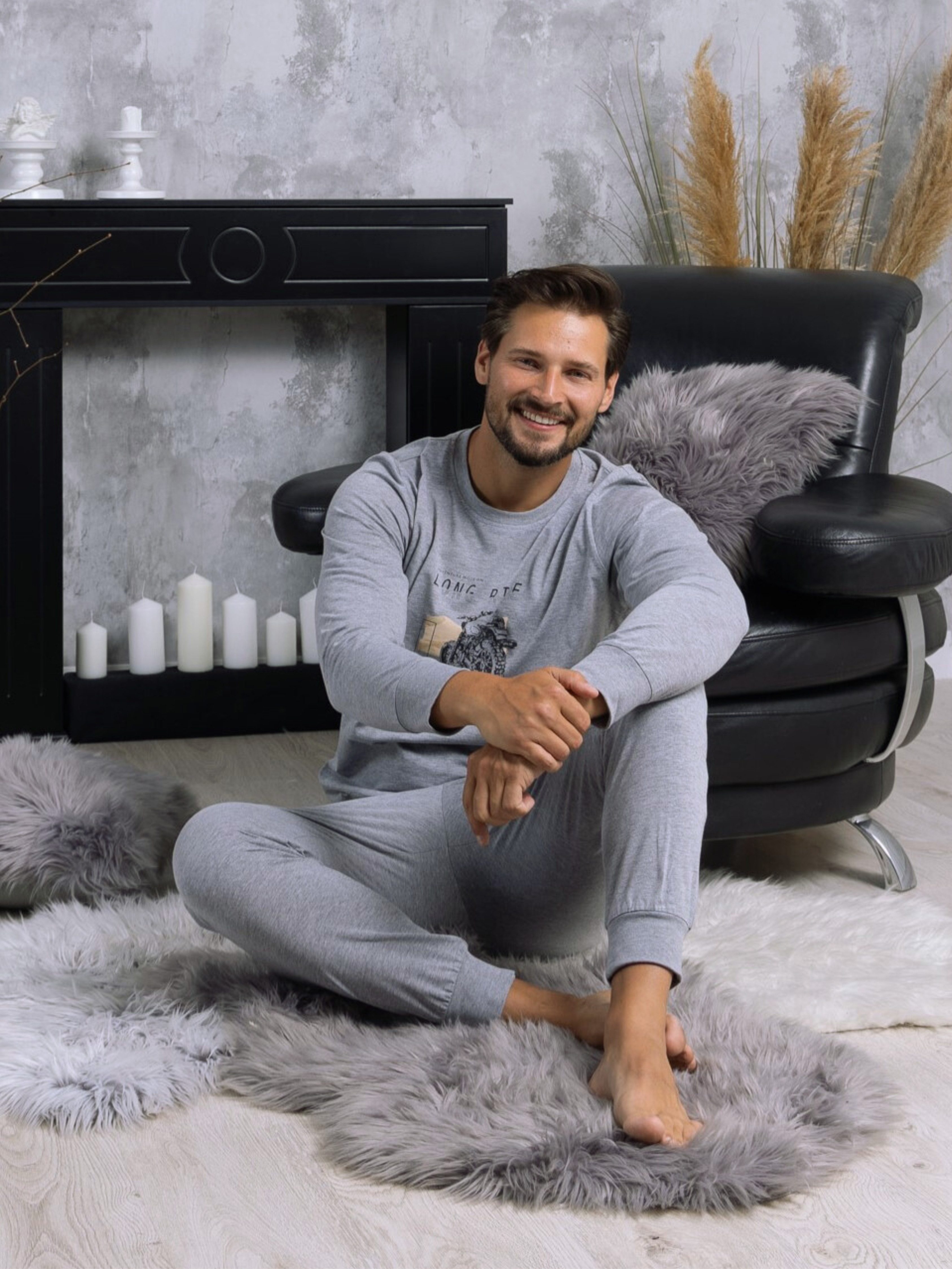 HOTBERG Schlafanzug langer Herren Pyjama Bündchen an Armen und Beinen, Cotton