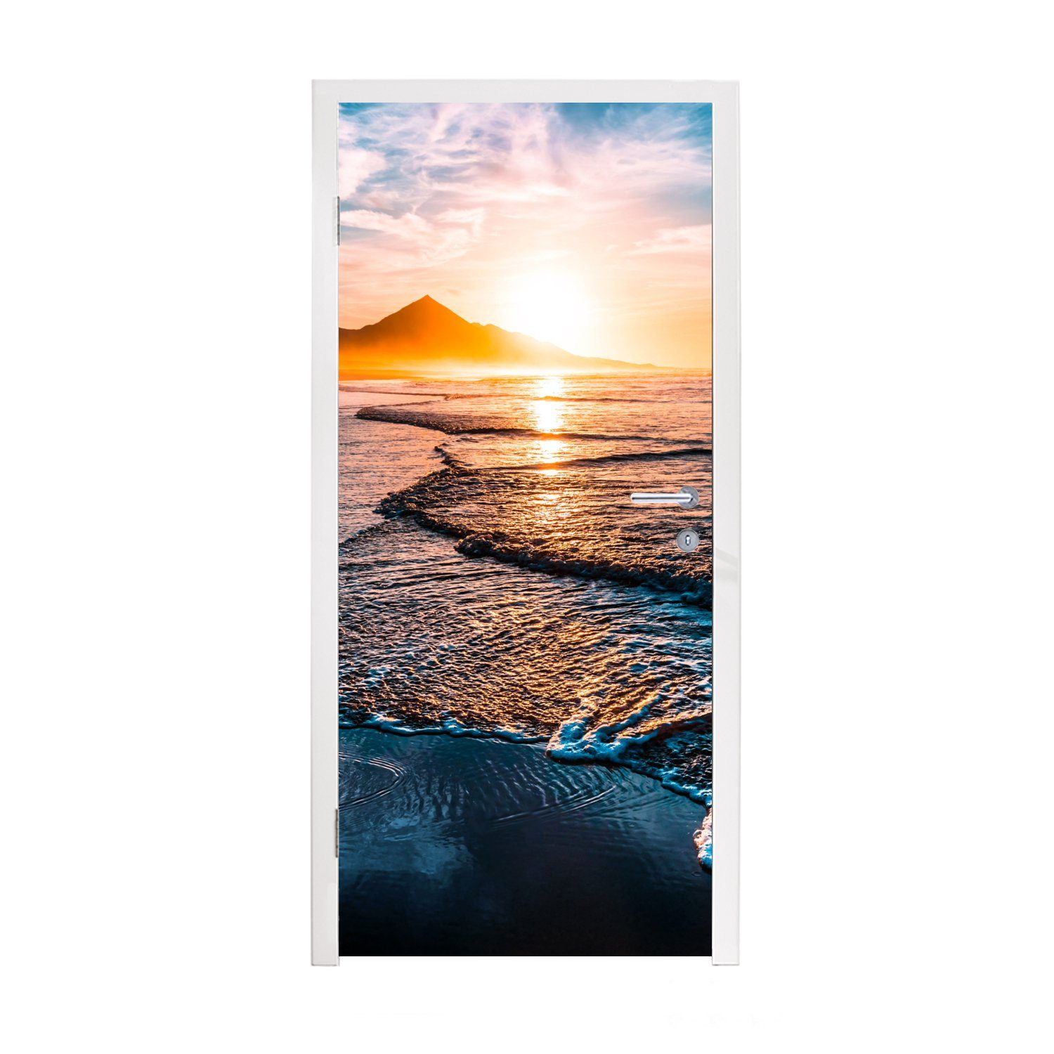 MuchoWow Türtapete Sonnenuntergang - Meer - Berg - Horizont - Landschaft - Blau, Matt, bedruckt, (1 St), Fototapete für Tür, Türaufkleber, 75x205 cm