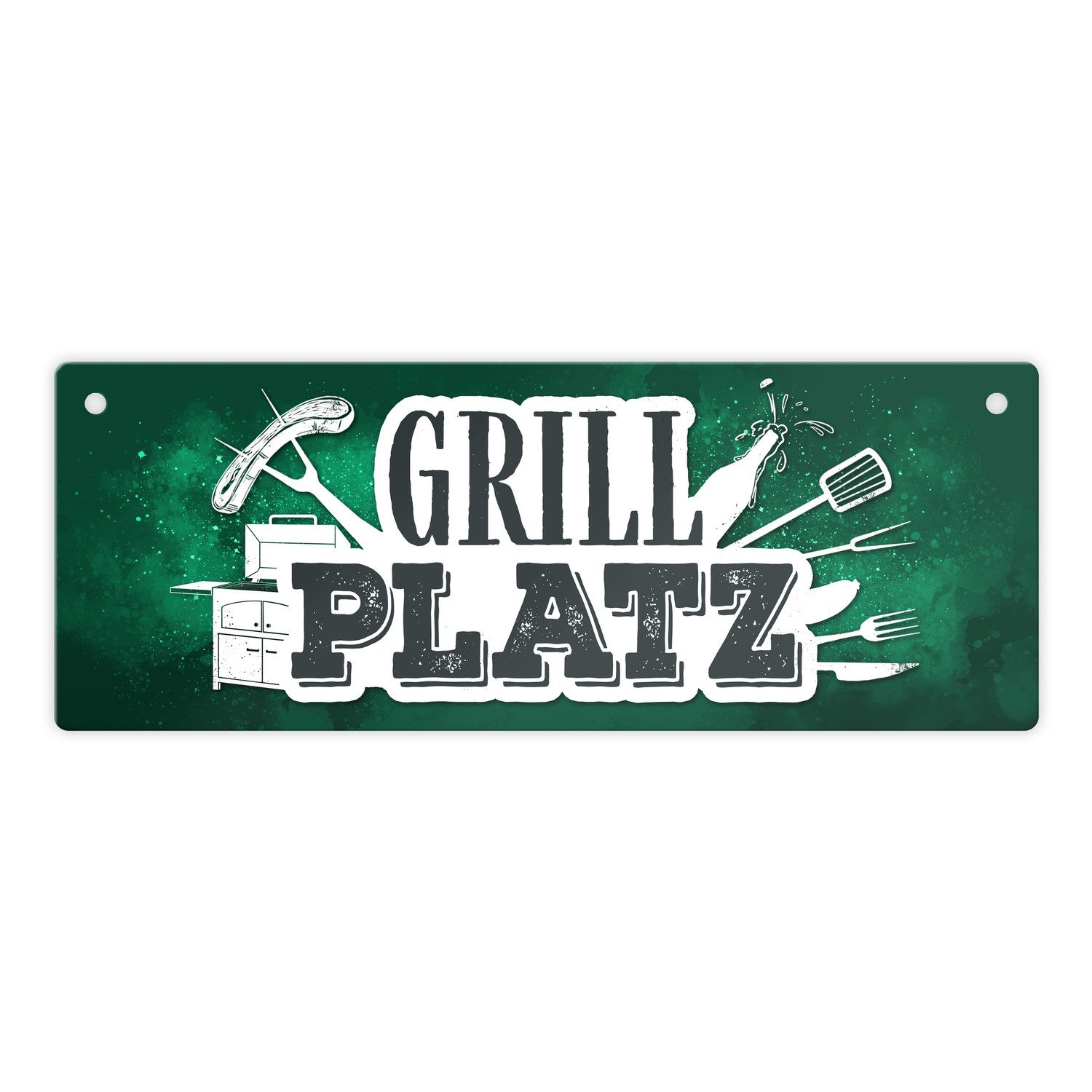 Metallschild Grillplatz Metallschild in grün Fleisch Wurst grillen Grill Bier