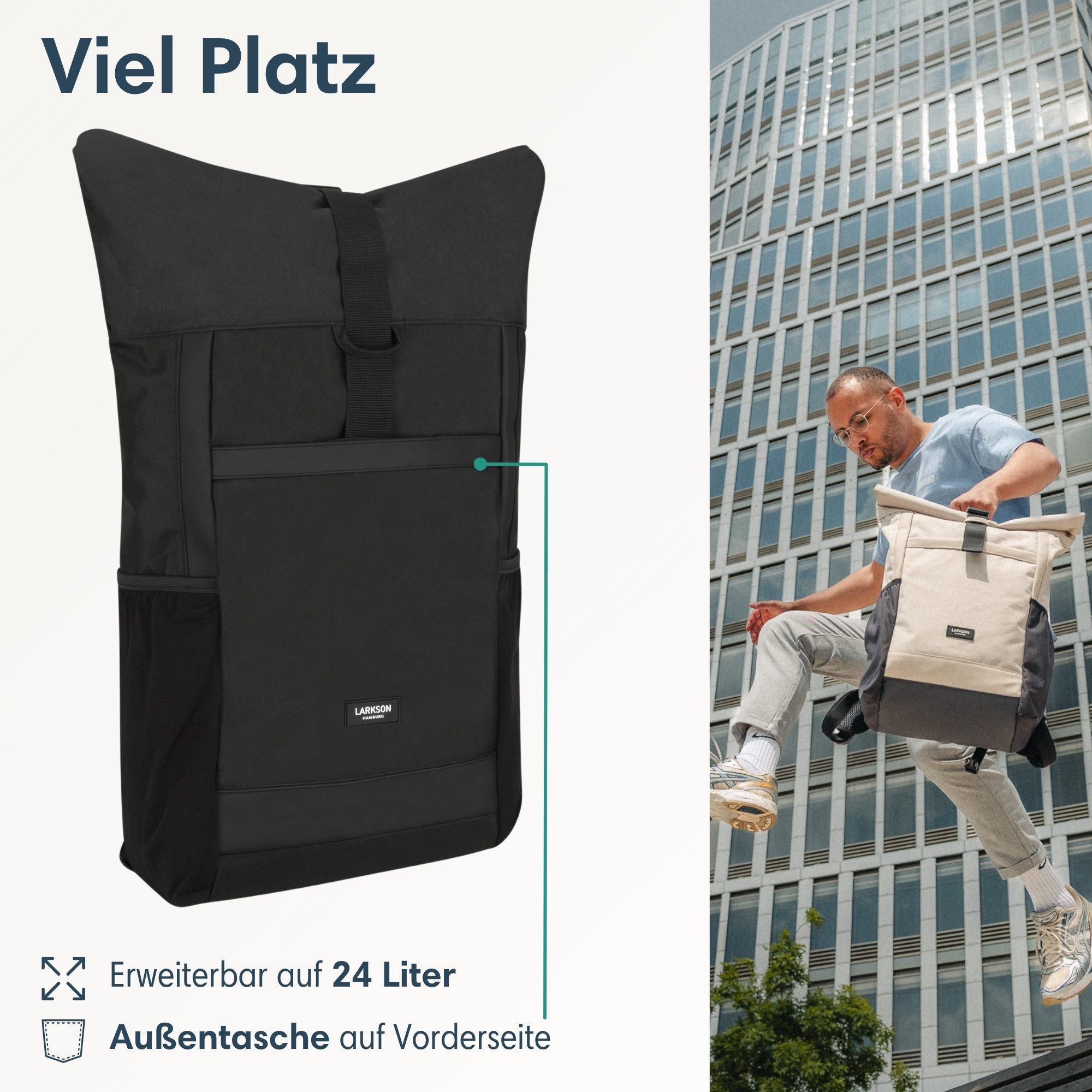 LARKSON Cityrucksack No 2, Rolltop Damen Herren, Laptop Fach (1-tlg), Wasserabweisend