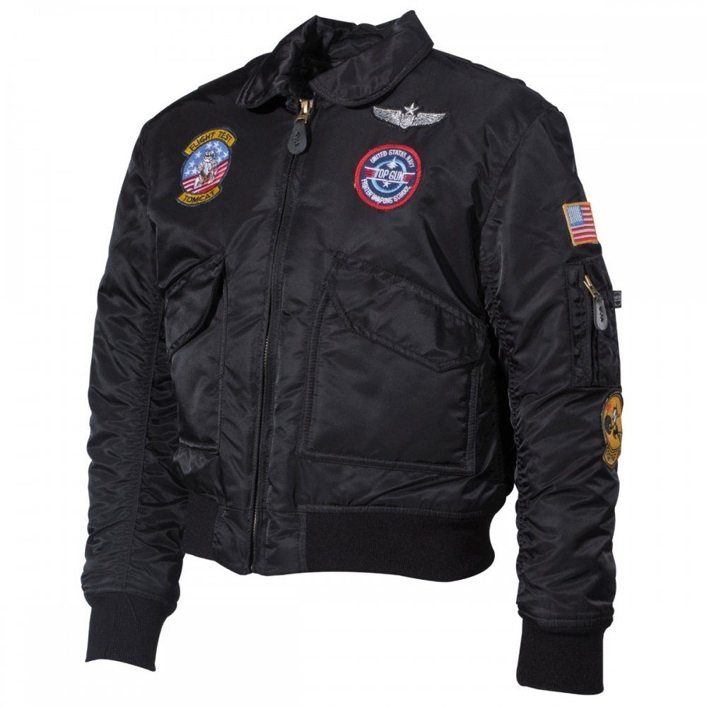 MFH Bomberjacke US Kinder-Pilotenjacke, CWU, schwarz, mit Fliegerabzeichen - XL