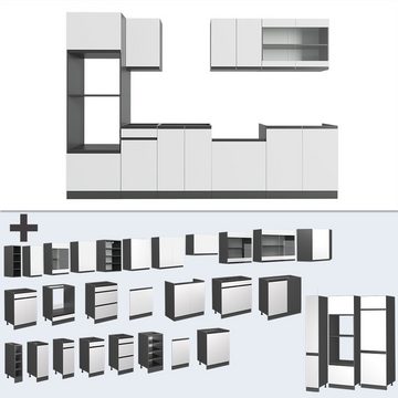 Livinity® Küchenzeile R-Line, Weiß/Anthrazit, 300 cm mit Hochschrank, AP Eiche