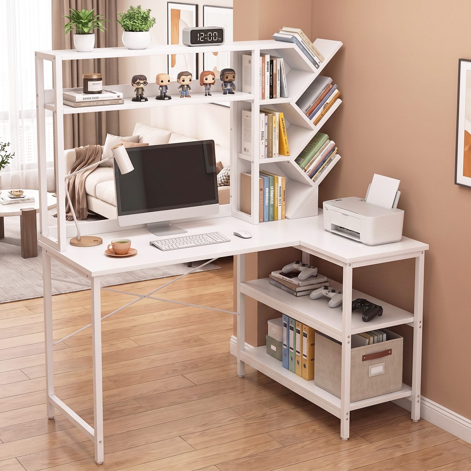 Patbrela Eckschreibtisch L-form mit Bücherregal 130 cm Computertisch, viel Stauraum, für Homeoffice und Arbeitszimmer