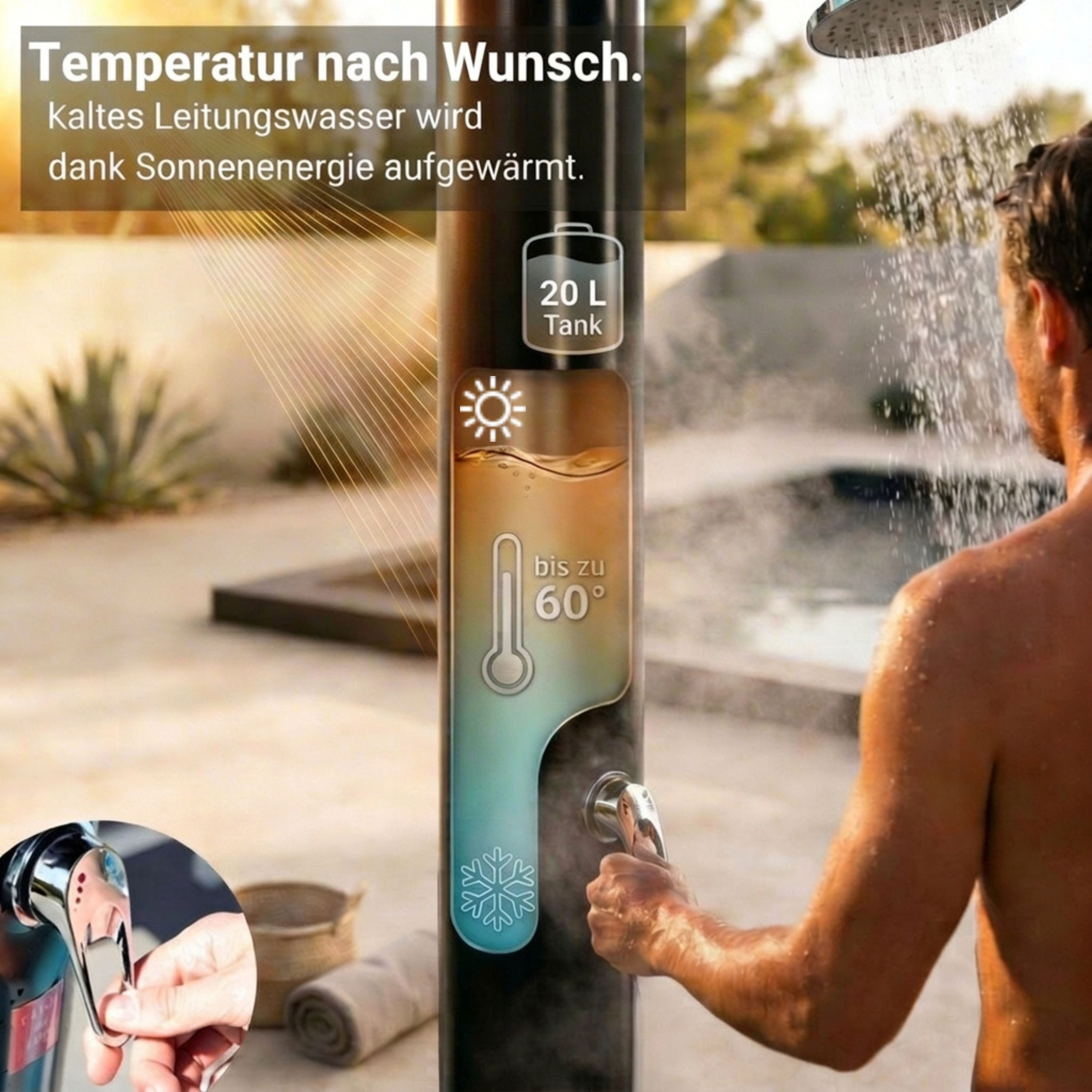 NovaTerra Solardusche Gartendusche Campingdusche mit Bodenelement 20/35/40/60L bis 60°C, Schwenkbarer Regenduschkopf, Inkl. Bodenelement & Schutzhaube