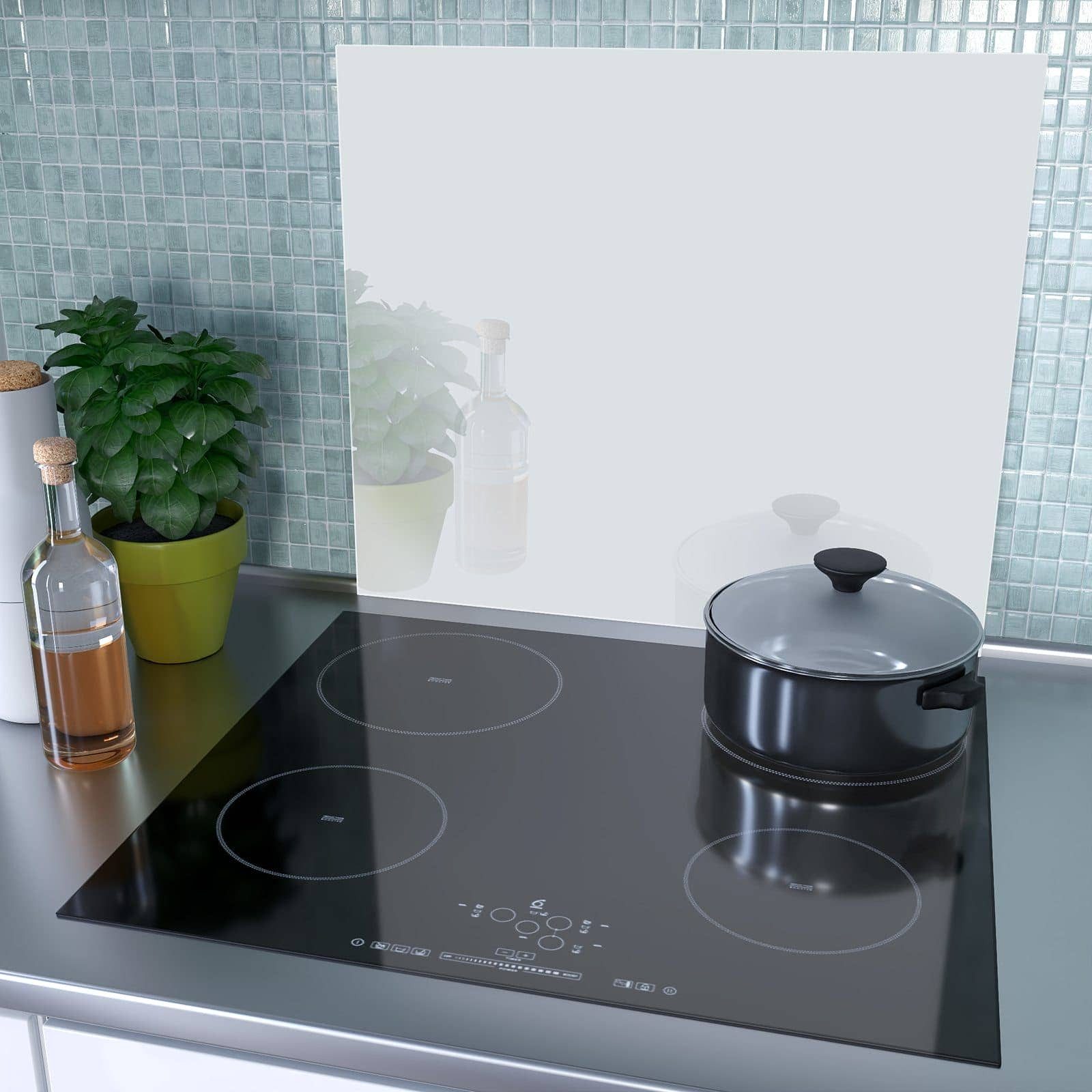Herdabdeckplatte Aus Glas 60x52 Cm (2-teilig) – Spritzschutz Für Ceran- & Induktionsherde, Motiv 'Kräuter An Der Leine'