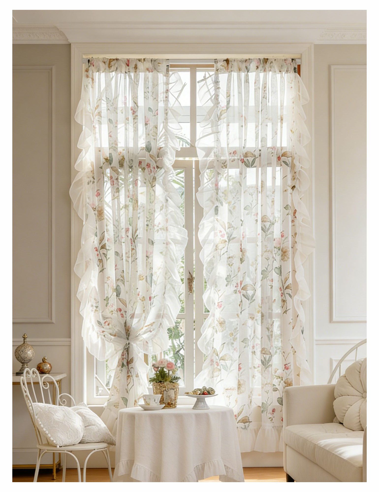 Agger Gardine Kamelien-Blumenmuster-Vorhänge, Transparente Gardine mit Rüschenvolant (2 St), Boho-Vorhänge für Wohnzimmer und Schlafzimmer