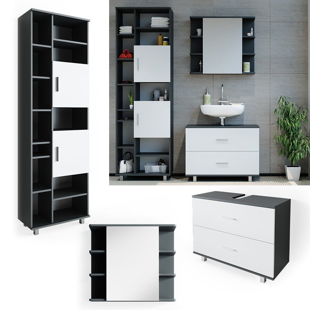 Vicco Badmöbel-Set Ilias, Anthrazit/Weiß, 3 Teile, mit Hochschrank, (3-er Set, 3-St., 3er Set)
