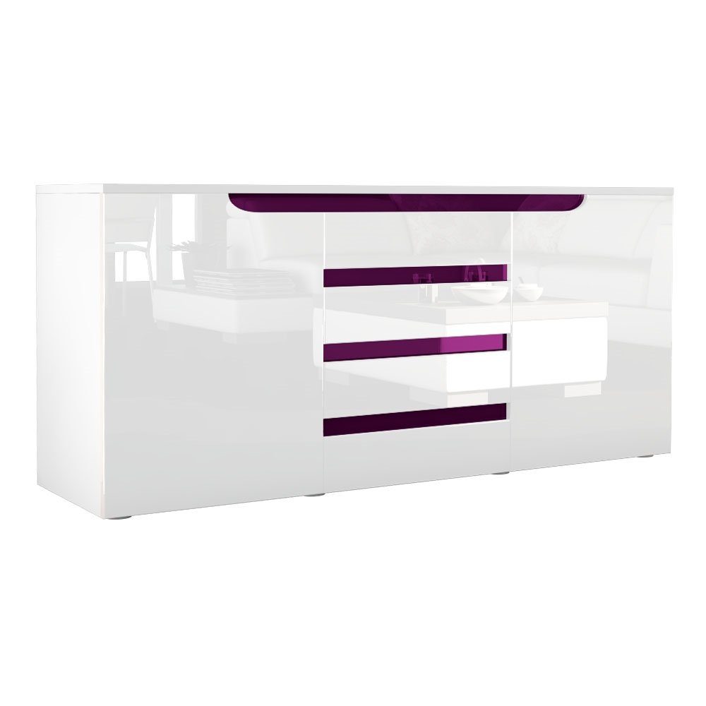 Vladon Sideboard Sylt (Kommode, mit 2 Türen und 4 Schubladen), Weiß matt/Weiß Hochglanz/Brombeer Hochglanz (139 x 72 x 35)