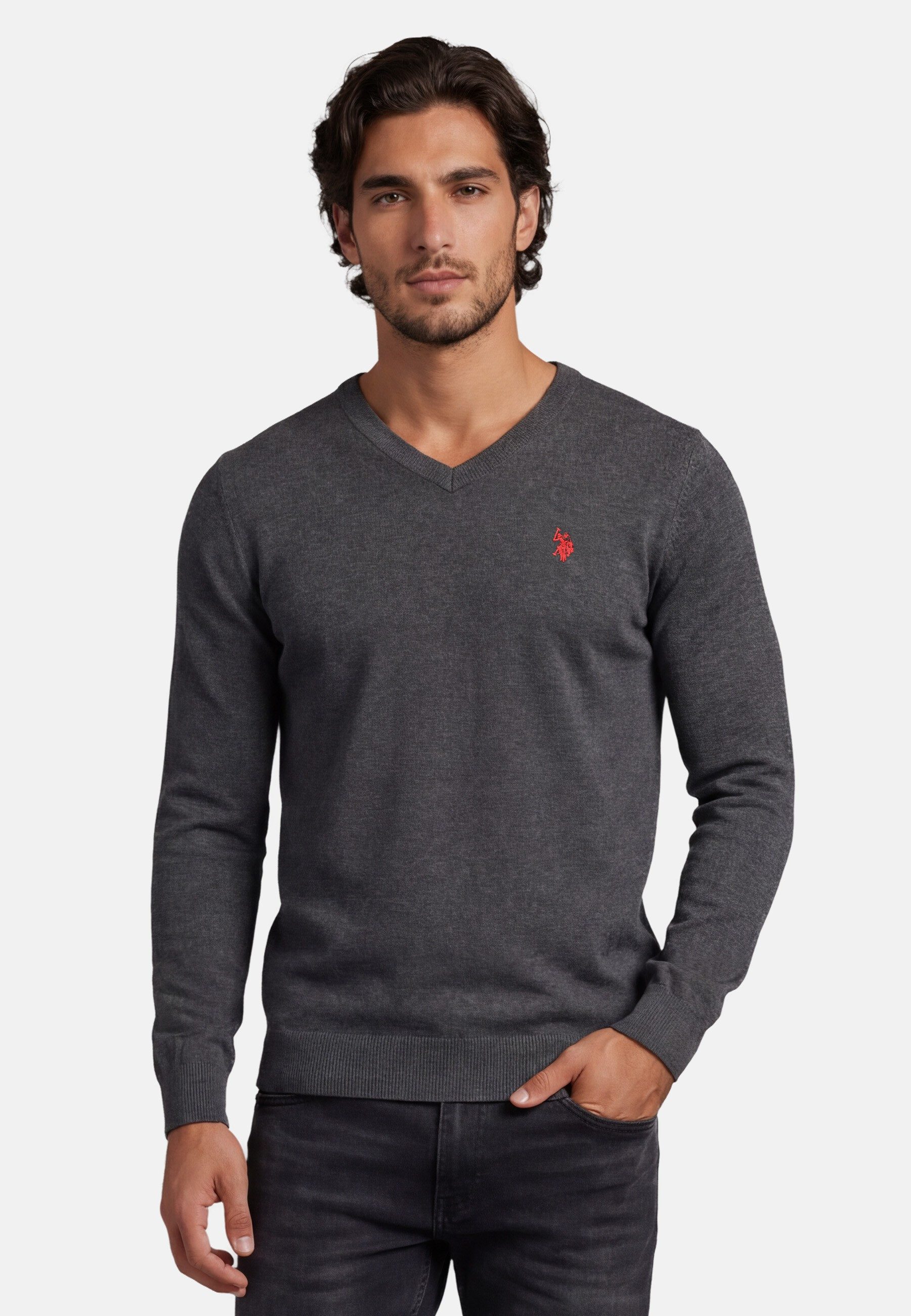 U.S. Polo Assn. V-Ausschnitt-Pullover Longsleeve USPhil – Herren V-Neck Classic Fit mit Logo-Stickerei Angenehme Baumwollmischung, weiches Material und sportiver Look