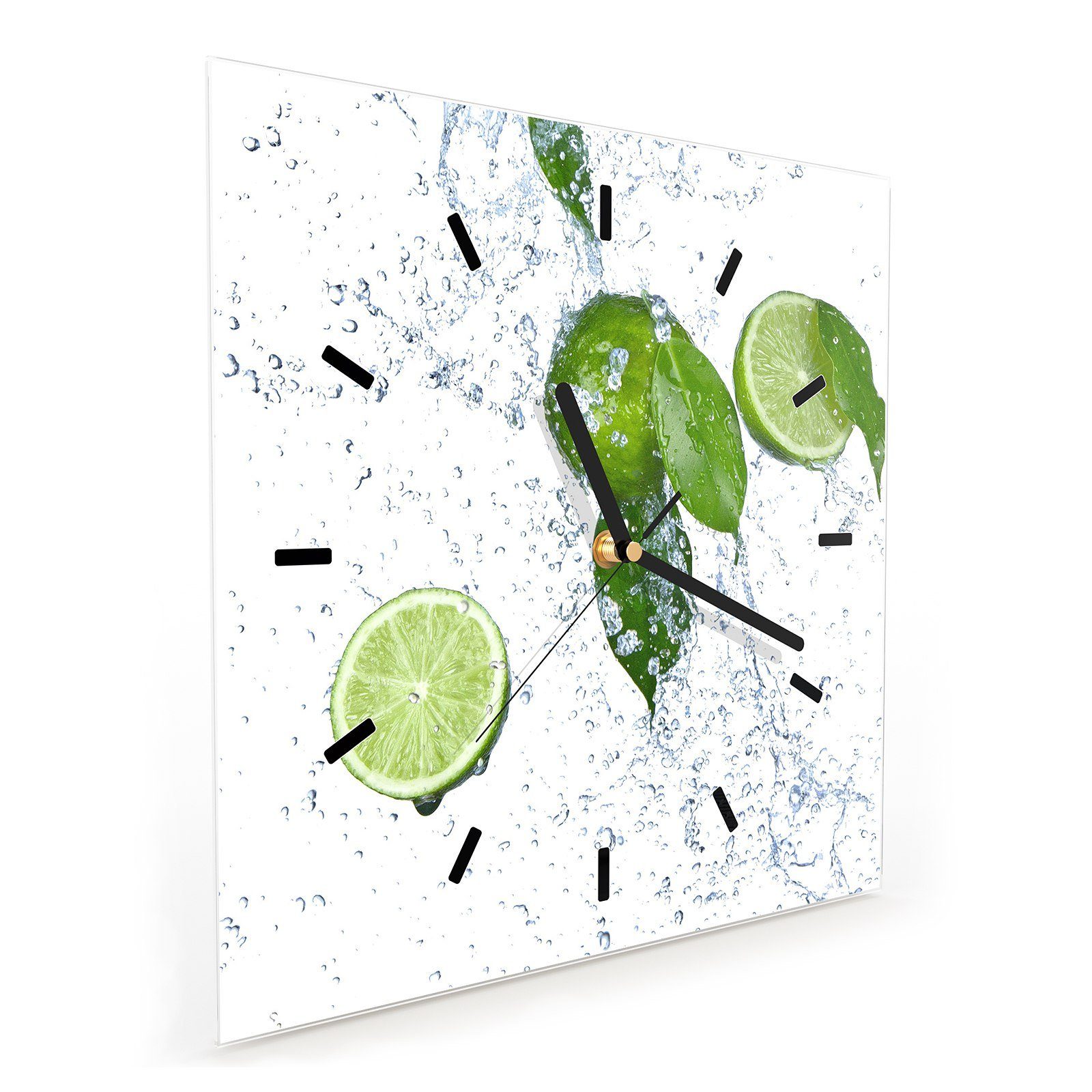 Wanduhr 30 Motiv 30 Primedeco Wassersplash mit x im Größe Glasuhr Limetten cm Wandkunst Wanduhr