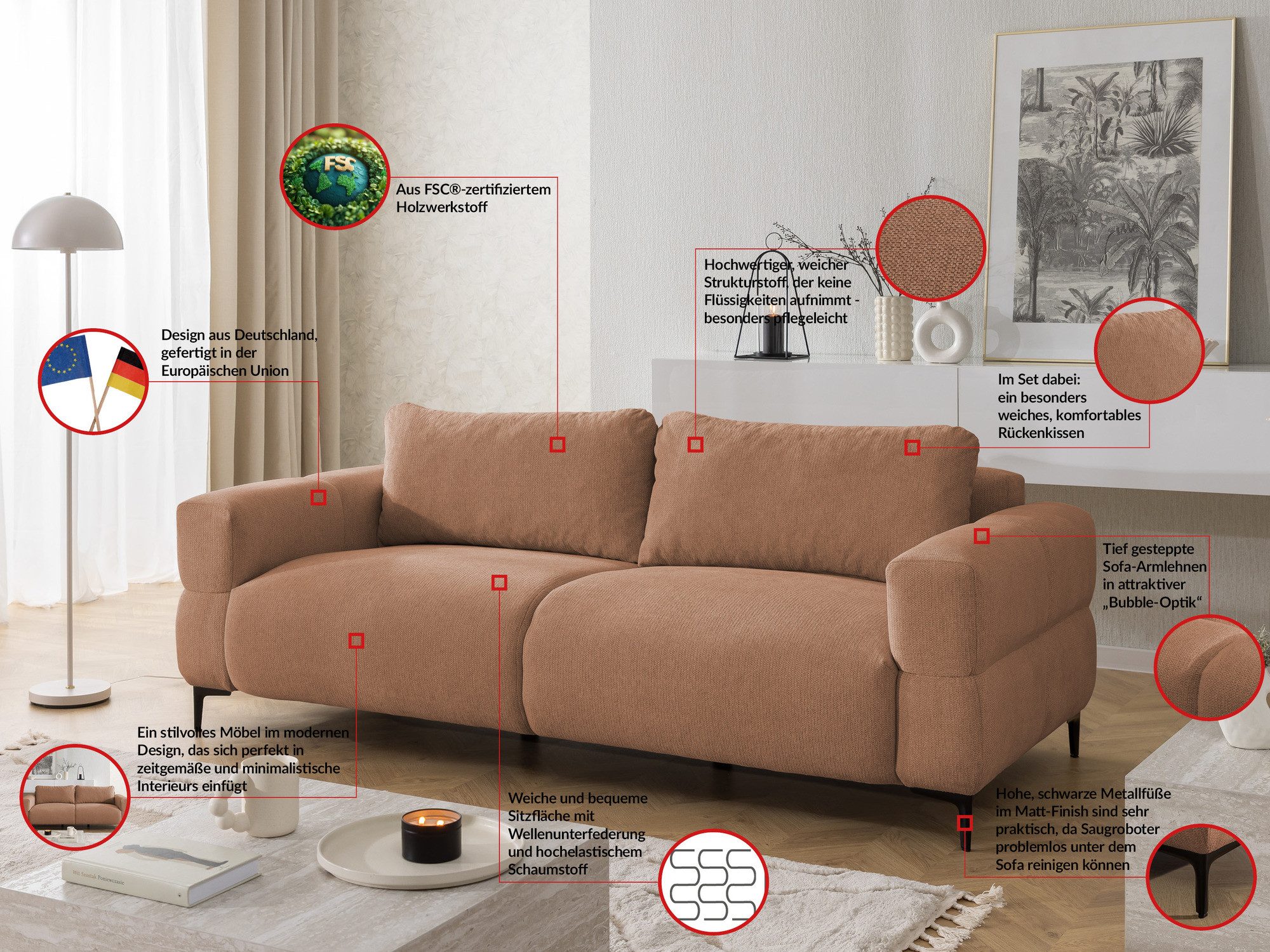 S-Style Möbel 3-Sitzer Sofa Cardea in Bubble-Optik aus weichem Strukturstoff, mit Wellenfederung und hohem Sitzkomfort
