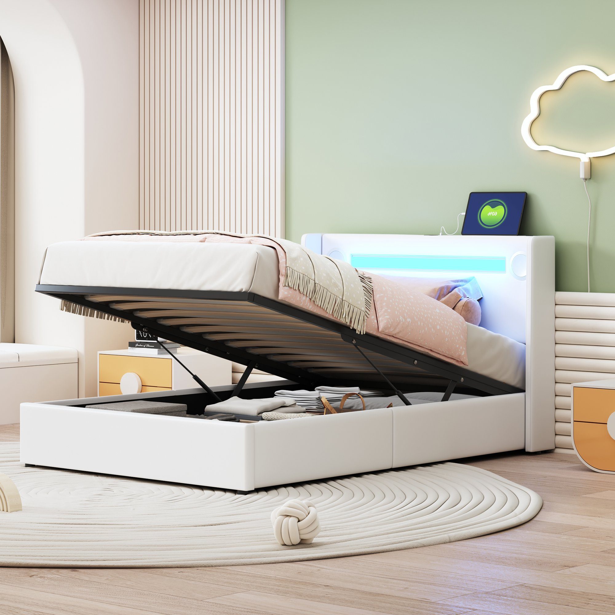 OKWISH Polsterbett Kinderbett mit LED-Lichtleiste, Bluetooth-Player günstig online kaufen