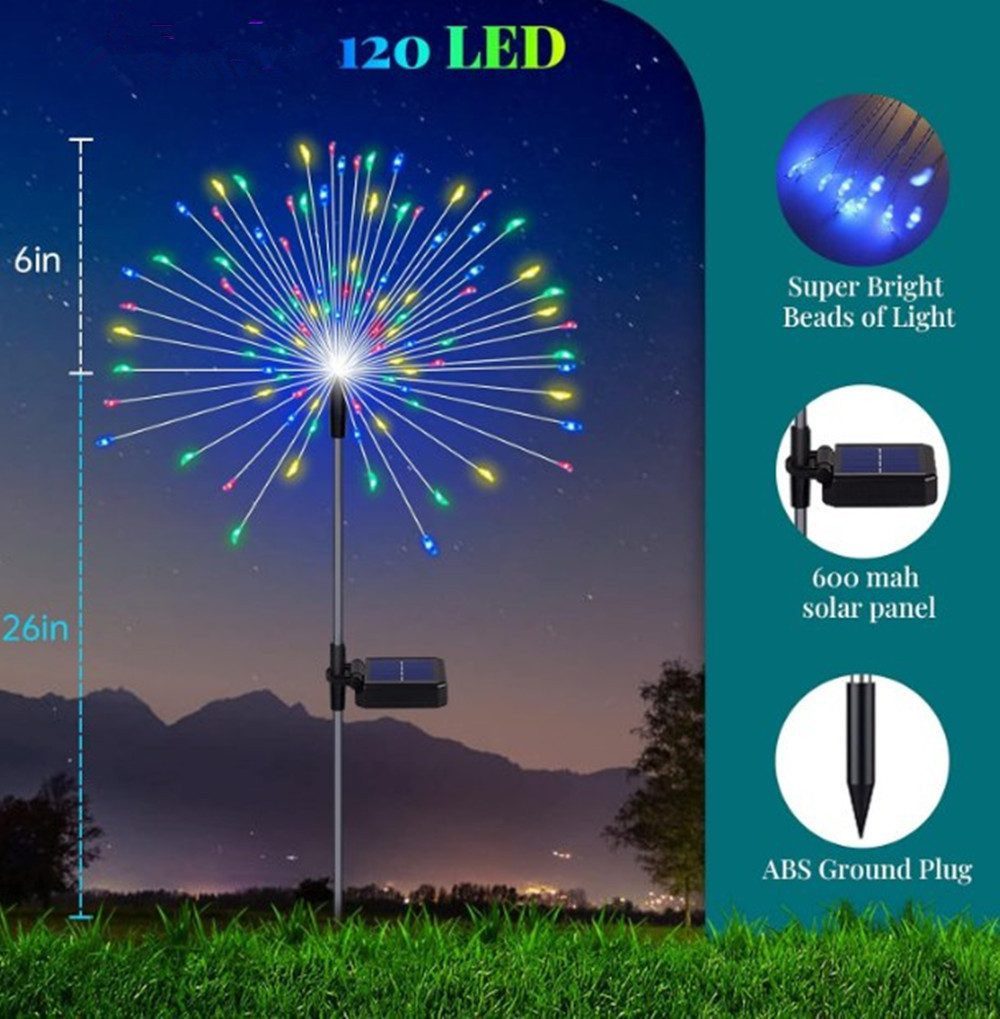 feinlux LED Solarleuchte LED Solarleuchte Solarlampen für Außen Garten, LED fest integriert, Weiß Mehrfarbig Warmweiß, 120 LED Gartendeko Solarleuchten für Außen