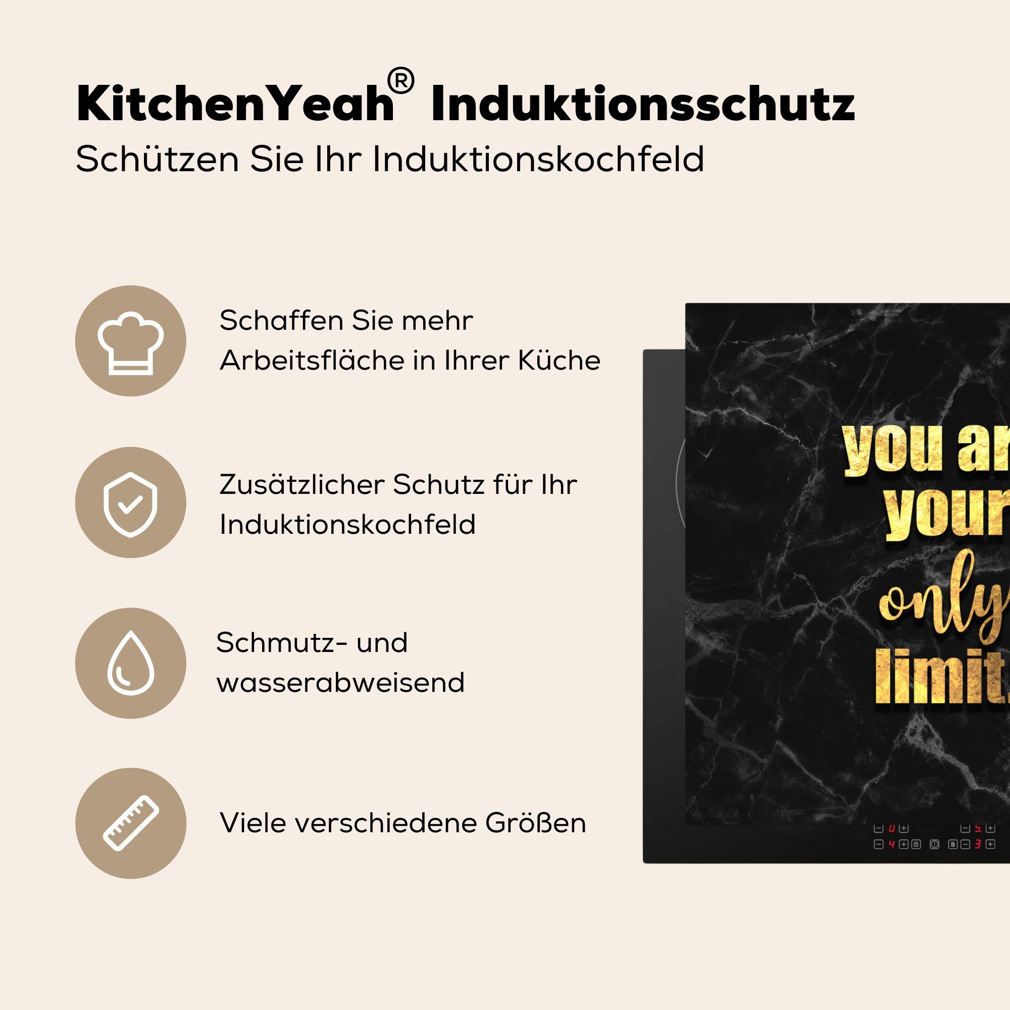 (1 Arbeitsplatte Zitate - Motivation - für küche cm, MuchoWow Gold tlg), 78x78 Herdblende-/Abdeckplatte Schwarz, Ceranfeldabdeckung, Vinyl, -