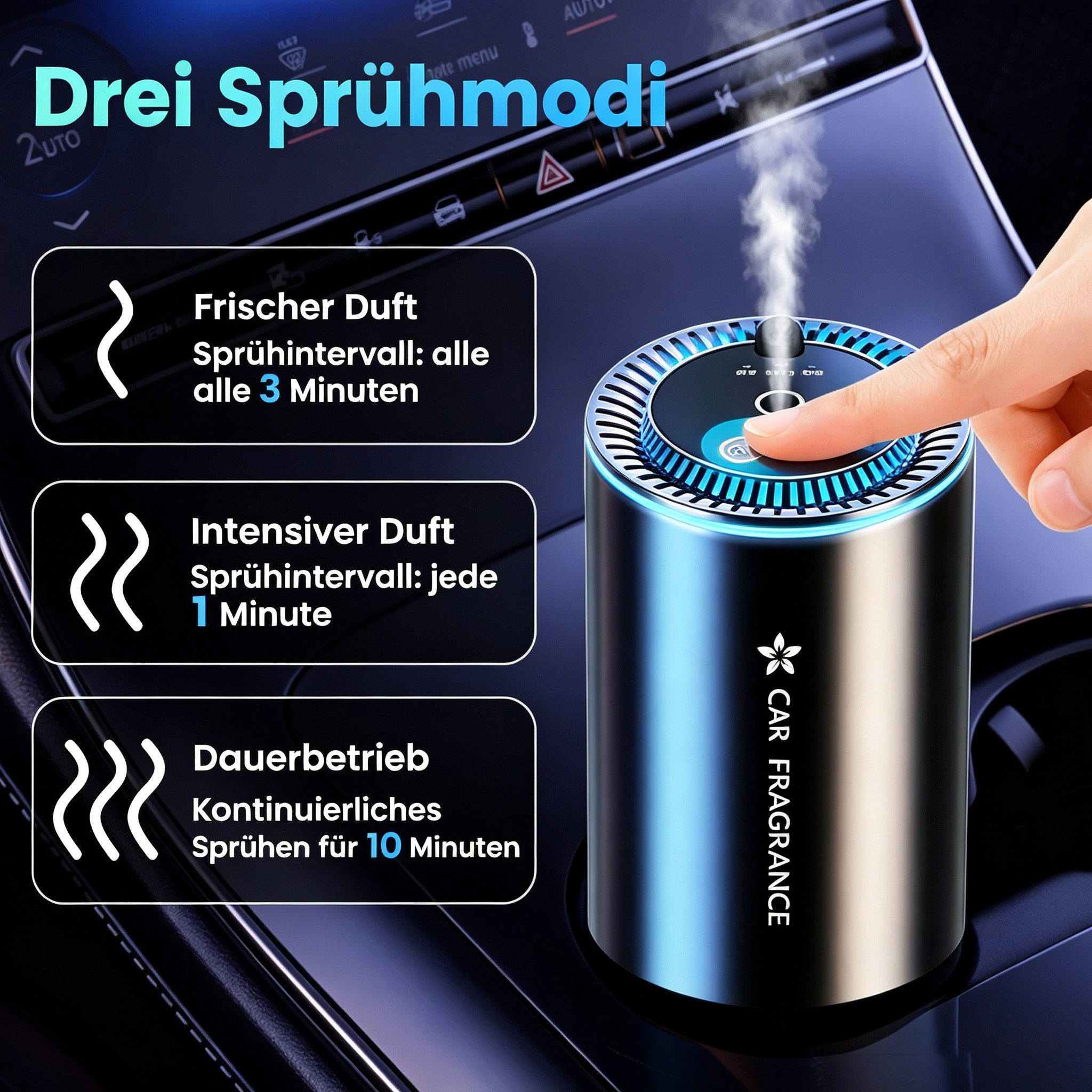 ibettertec Luftbefeuchter Auto Lufterfrischer Auto Elektrischer Duft Aroma Diffusor 3 Modi, Wasserloser Diffuser für ätherische Öle,Aroma Diffuser,Auto duft