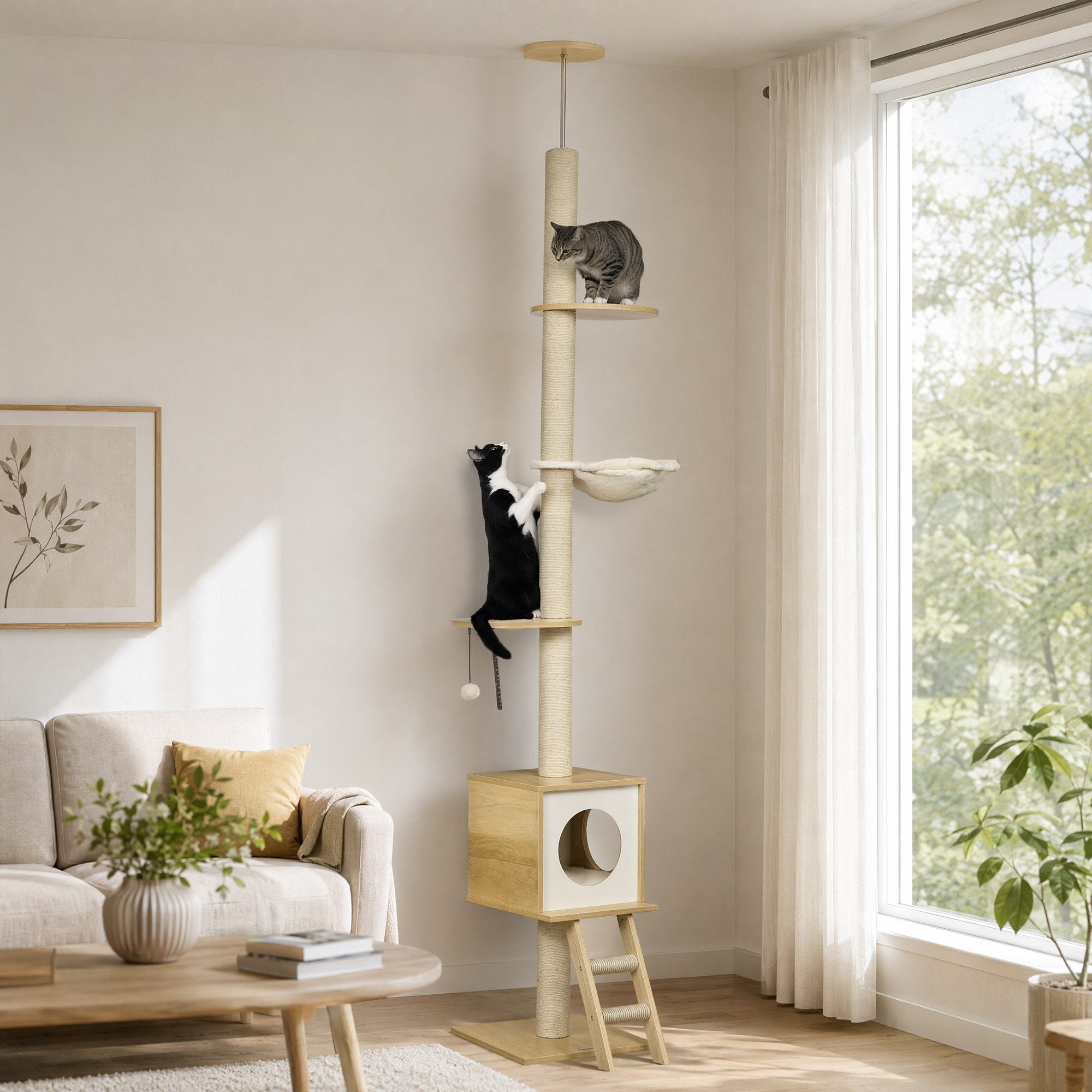 PawHut Kratzbaum deckenhoch 240-260 cm mit Katzenhaus und Hängematte in Hellbraun und Beige für aktive Katzen   Aosom.de von PawHut