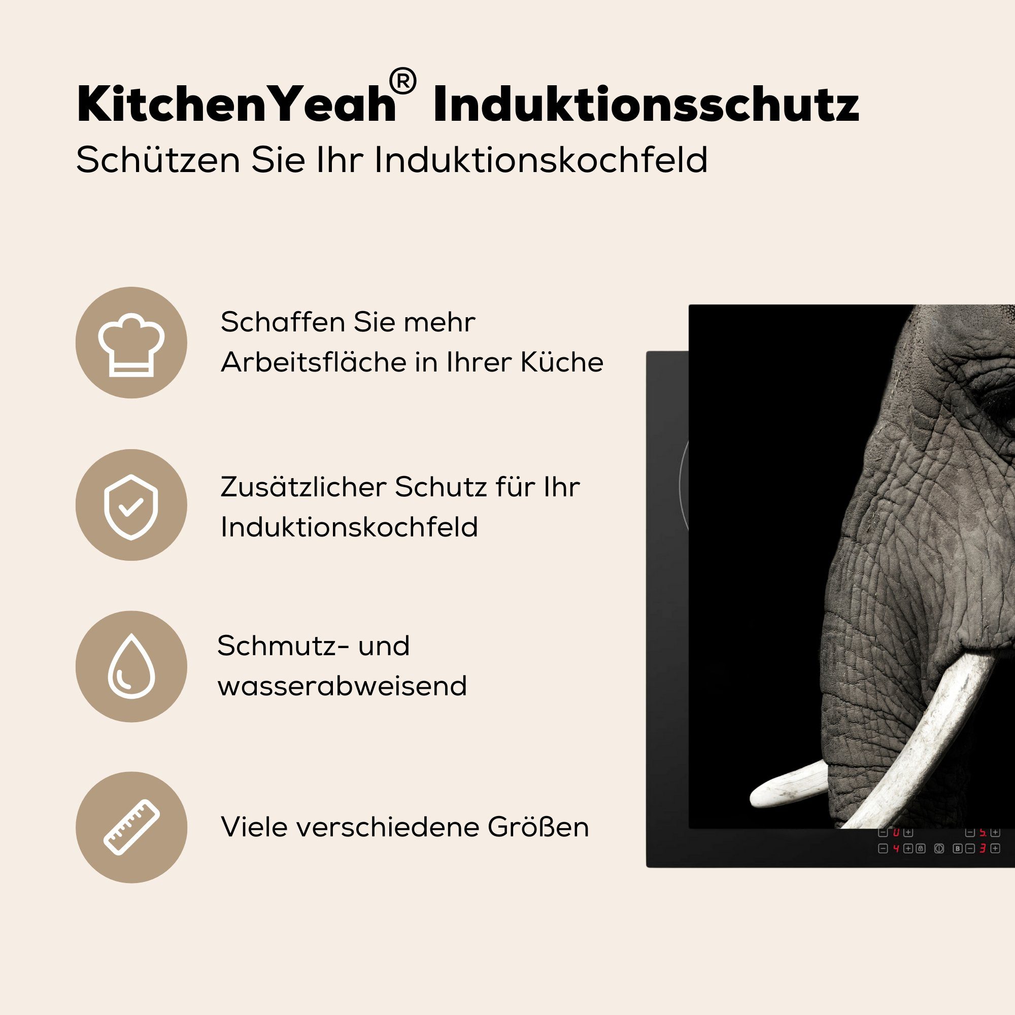Ceranfeldabdeckung, MuchoWow für Schwarz, küche 78x78 tlg), (1 Elefant Herdblende-/Abdeckplatte Grau - cm, - Vinyl, Arbeitsplatte