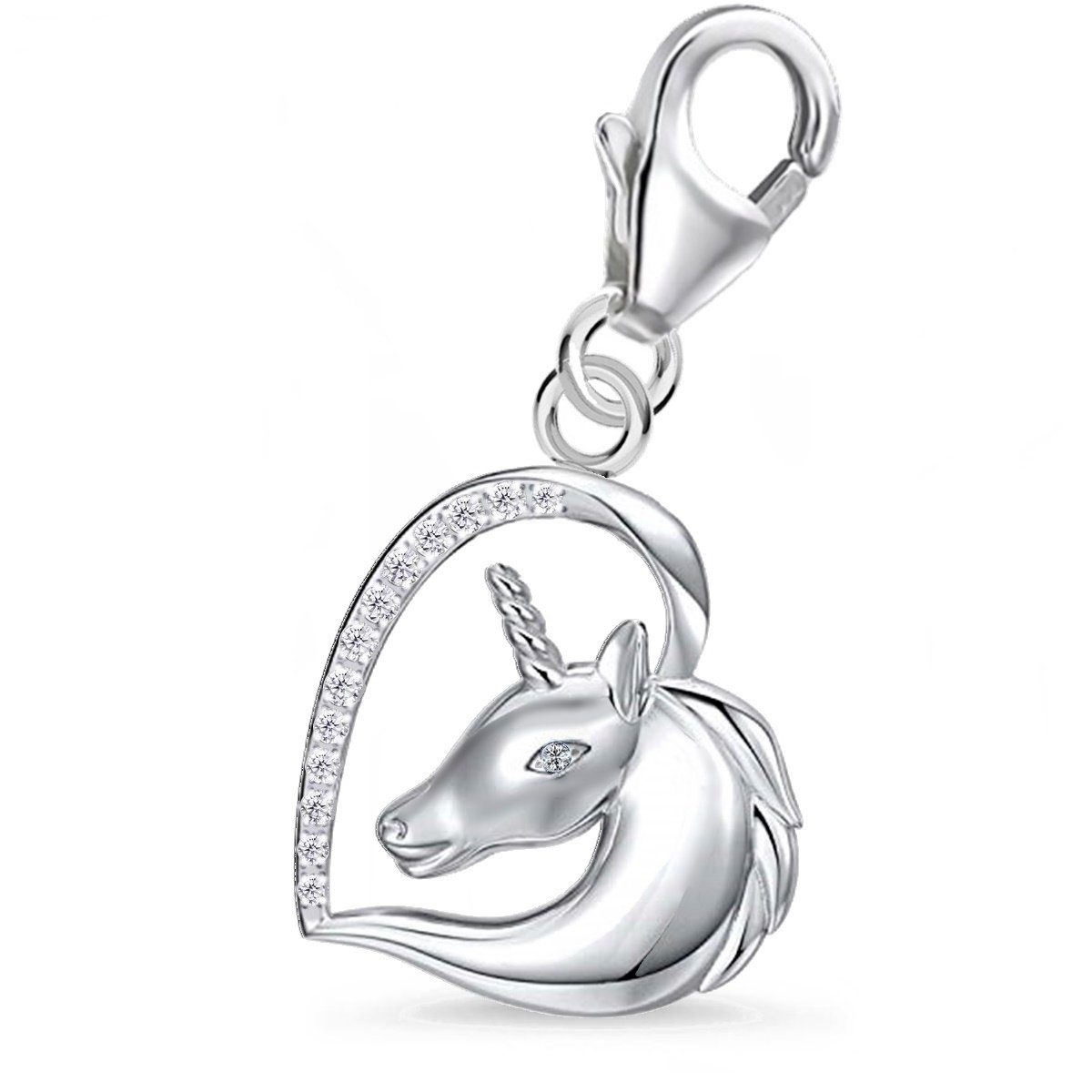 Goldene Hufeisen Charm Herz Pferd Herz Einhorn Karabiner Charm Anhänger 925 Silber mit Zirkonia, Rhodiniert Kristallweiß