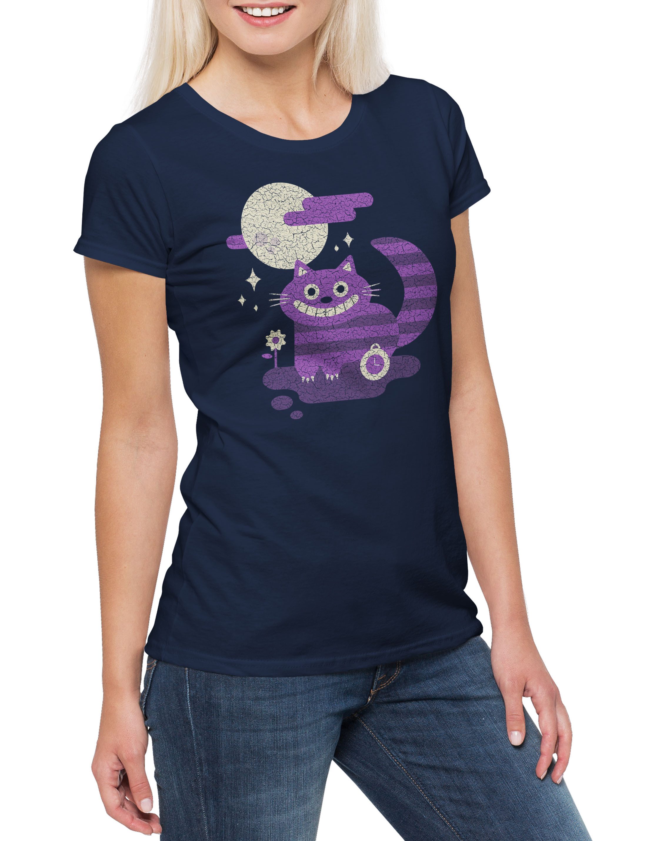 Print-Shirt Cheshire Cat Damen T-Shirt Alice Cat im Cats in Katze Wonderland Kult