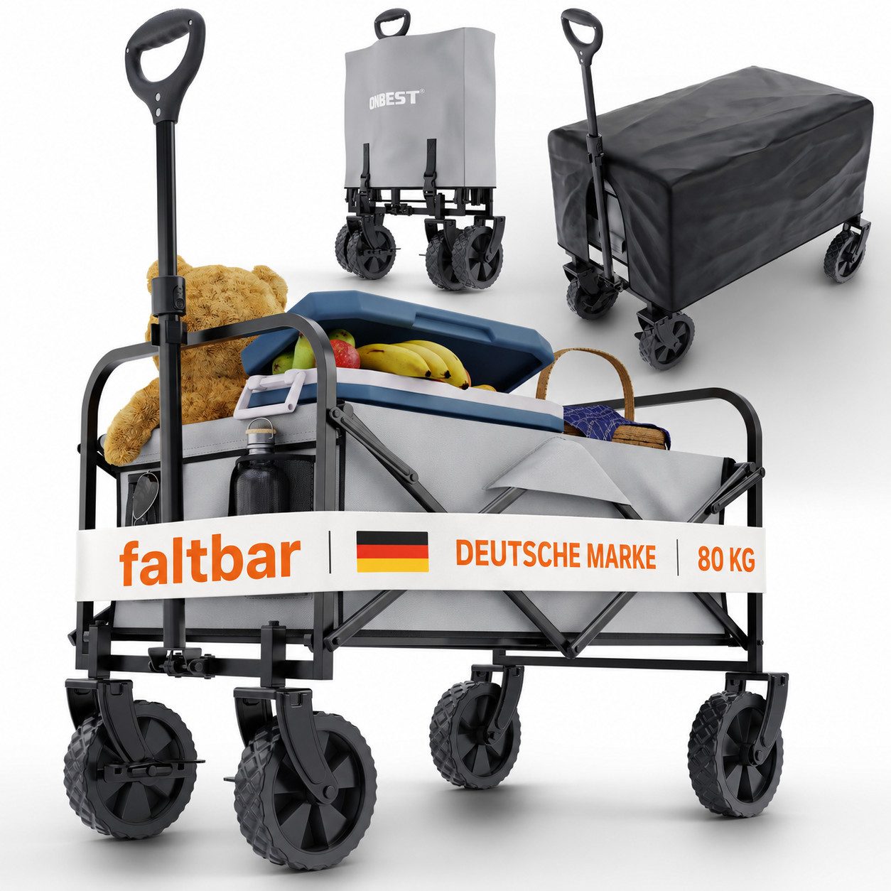 Onbest Bollerwagen PREMIUM Handwagen faltbar mit Schutzabdeckung, Wasserdicht, 61 Liter, Pop Up, bis 80kg