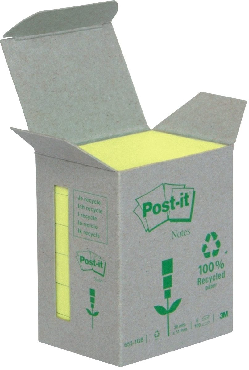 Haftnotizblock Haftnotizen Recycling 38x51mm gelb VE=6x100 Blatt