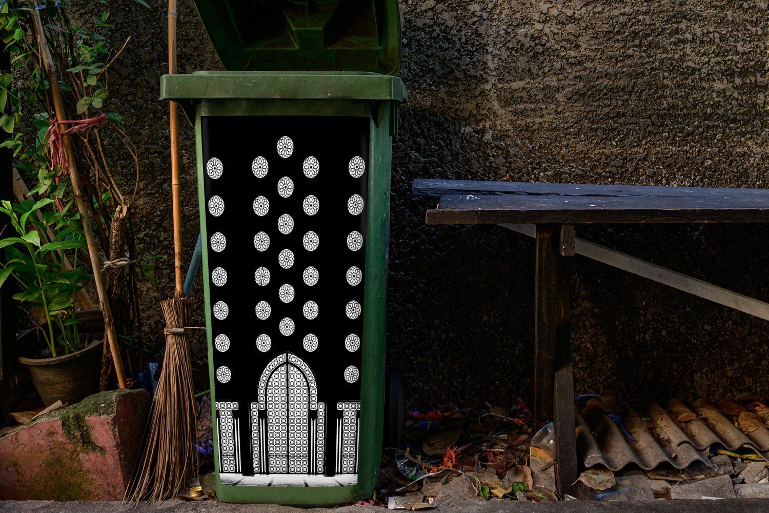 Schwarz Architektur - Wandsticker MuchoWow (1 Muster Sticker, Weiß St), - - Container, Abfalbehälter Mülleimer-aufkleber, Mülltonne,