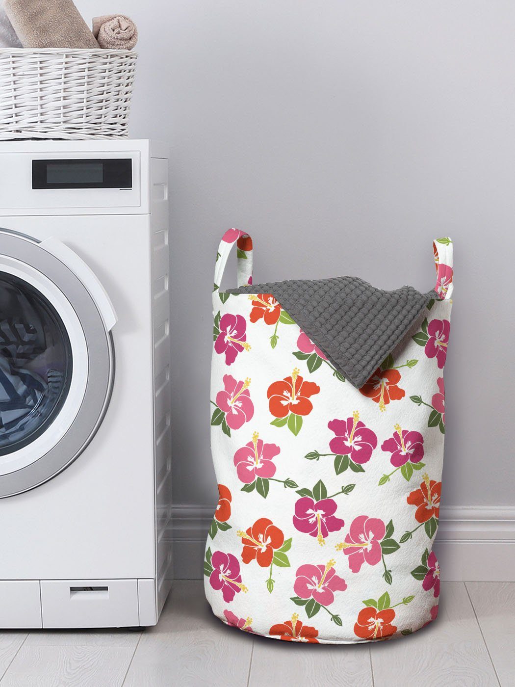 Griffen Wäschesäckchen Wäschekorb Kordelzugverschluss Blumen Hibiscus Detaillierte Waschsalons, für Abakuhaus mit Flowers