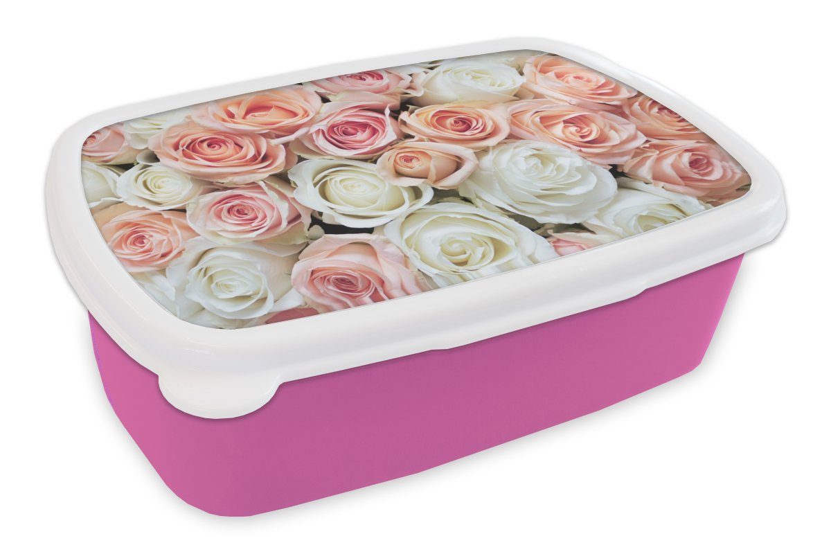 MuchoWow Lunchbox Rosen - Blumen - Weiß - Rosa, Kunststoff, (2-tlg), Brotbox für Erwachsene, Brotdose Kinder, Snackbox, Mädchen, Kunststoff