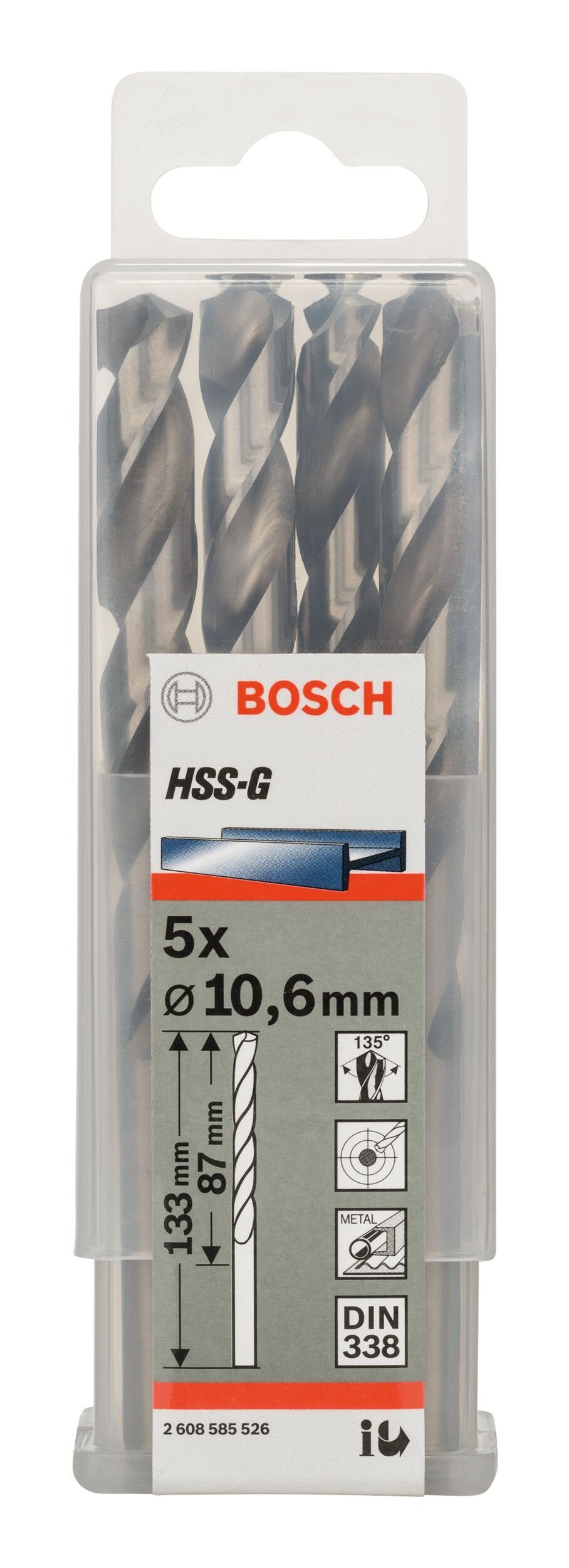 BOSCH Metallbohrer, (5 Stück), 133 - 10,6 - mm 338) 5er-Pack x x 87 (DIN HSS-G