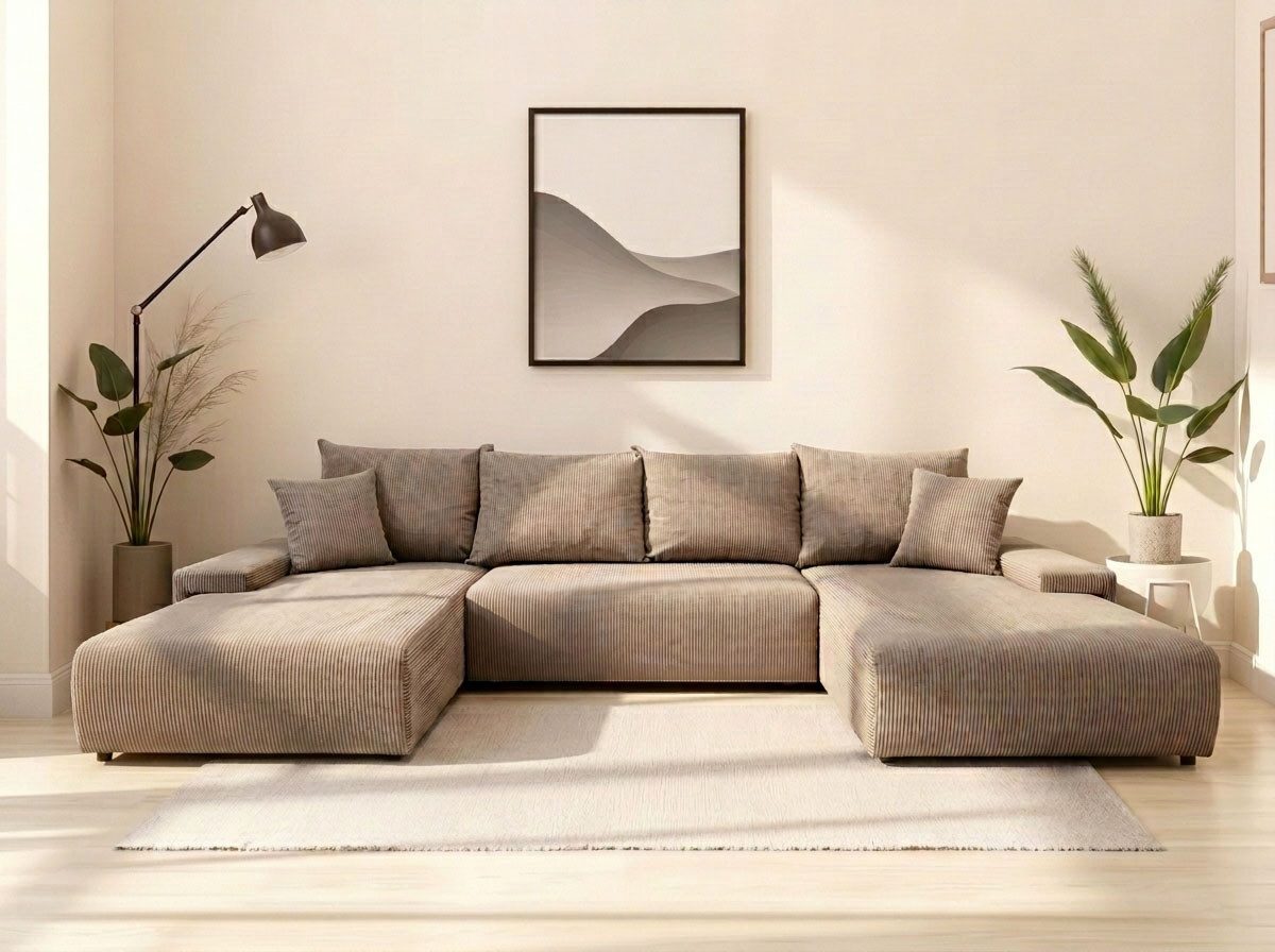 WERK2 Wohnlandschaft Amalfi 348 x 188 cm viel Platz, Liegewiese, Bettfunktion & Bettkasten, Cord, U-Form, XXL, Schlaffunktion, Bettkasten