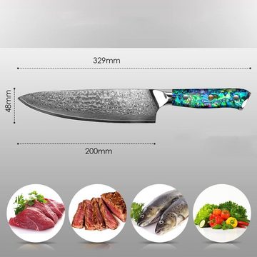 KingLux Damastmesser 20cm Kochmesser aus 67 Lagen Damaststahl Abalone-Muschel Griff
