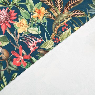 SCHÖNER LEBEN. Stoff Outdoorstoff Bora Bora Dschungellook Blüten Vögel Chamäleon petrol, abwaschbar