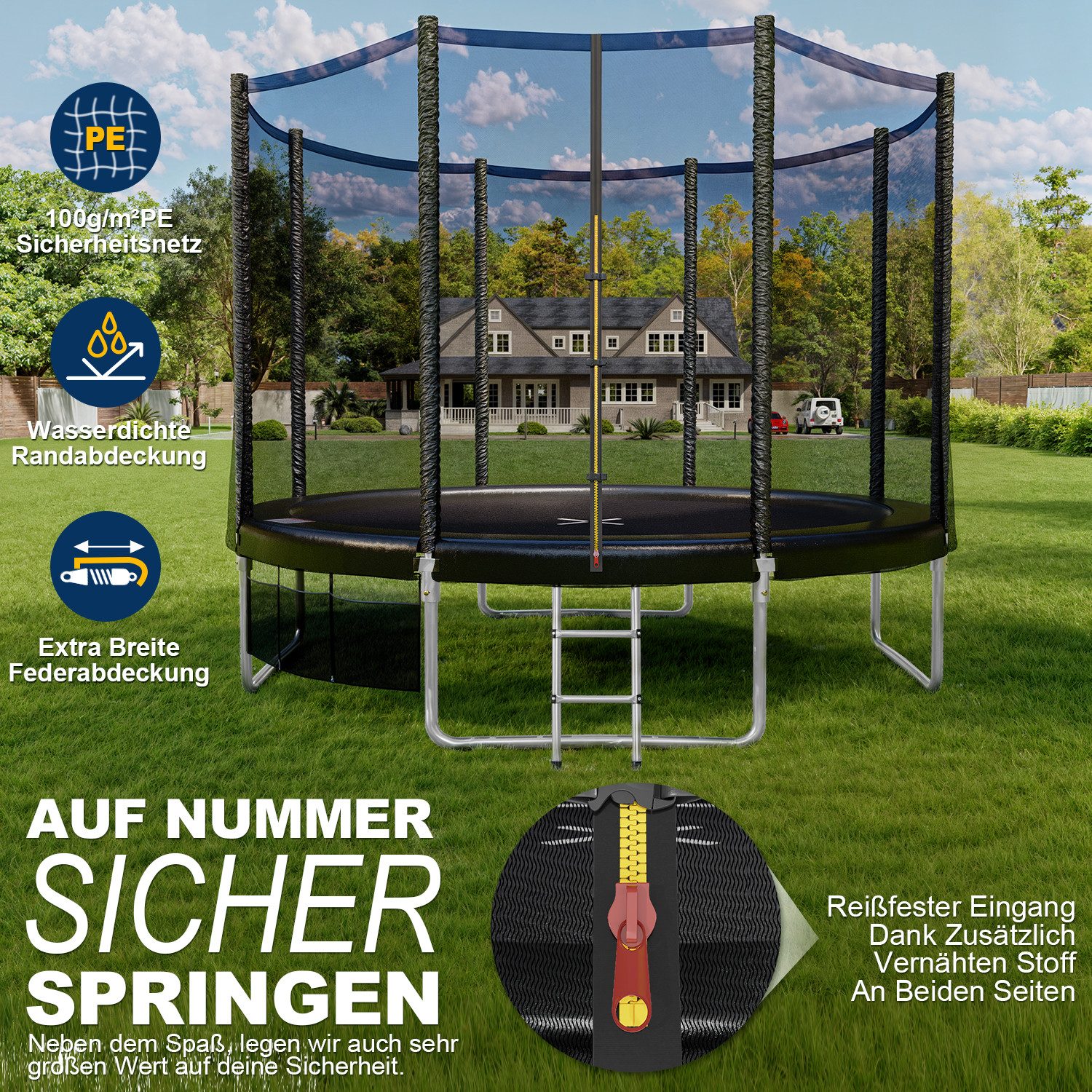 HOMALL Gartentrampolin Ø 228 cm Kindertrampolin Outdoor Trampolin, Ø 305 cm, (Mit Sicherheitsnetz, Sprungtuch und Leiter Ø228/305/366CM,Verstärkte Halterung)