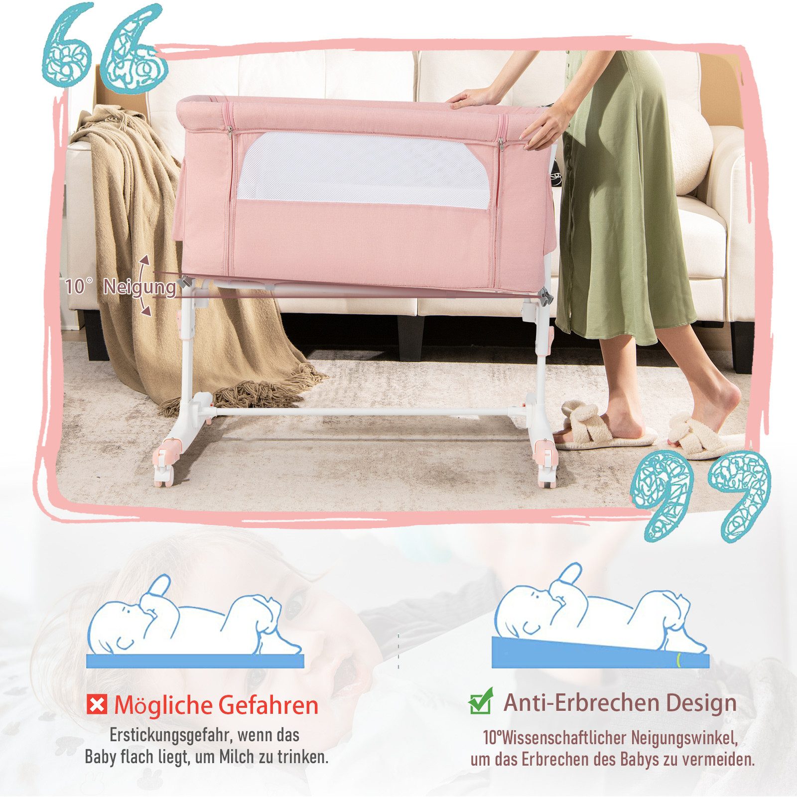 COSTWAY Beistellbett 3 in 1 Reisebett, 5-stufig höhenverstellbar,Matratze – Bild 4 von 5