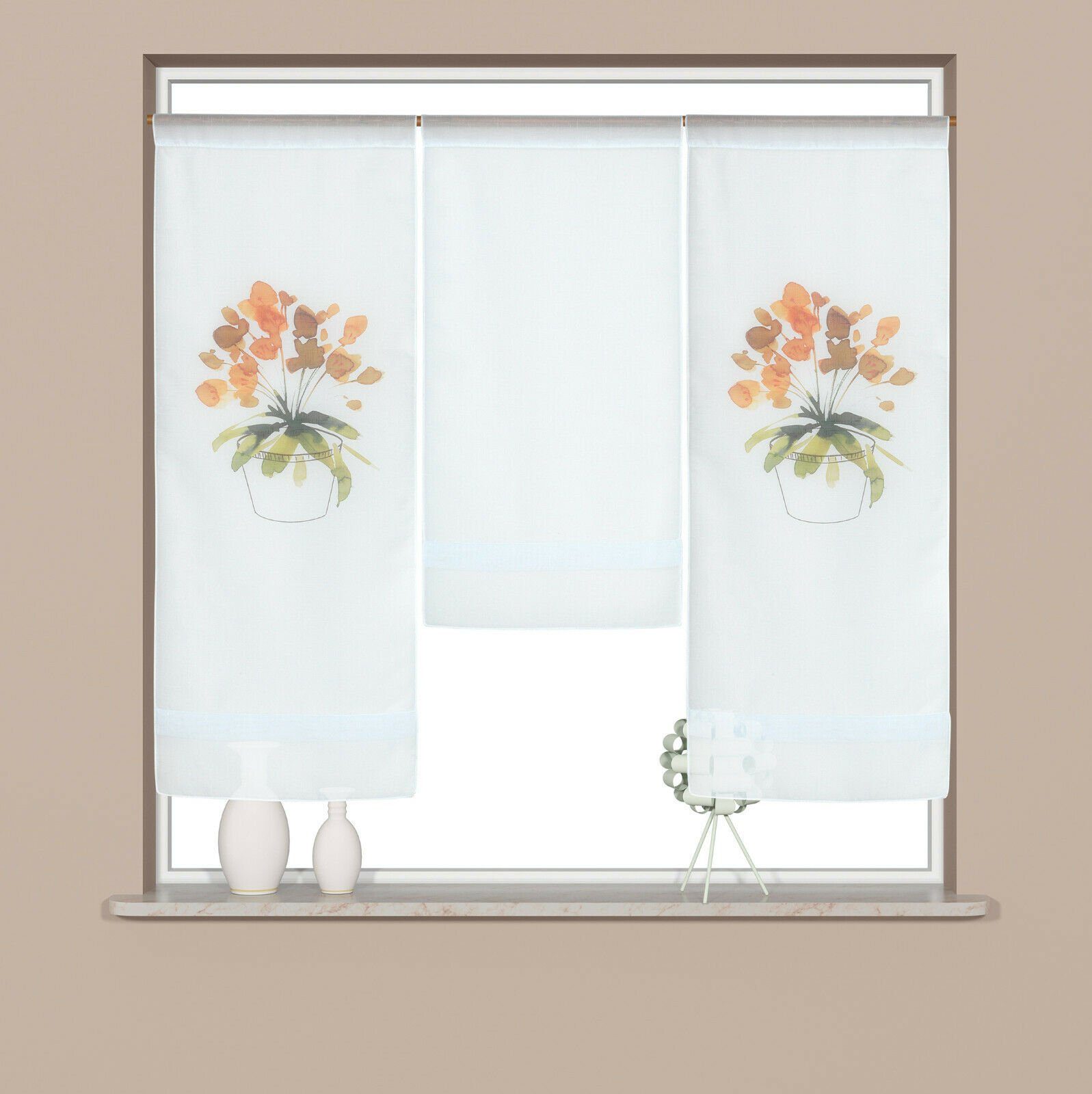 Set, bedruckt, (3 Stangendurchzug Flächenvorhang Clever-Kauf-24, Mini St), transparent Design 4055-01, Scheibengardine Blumen,