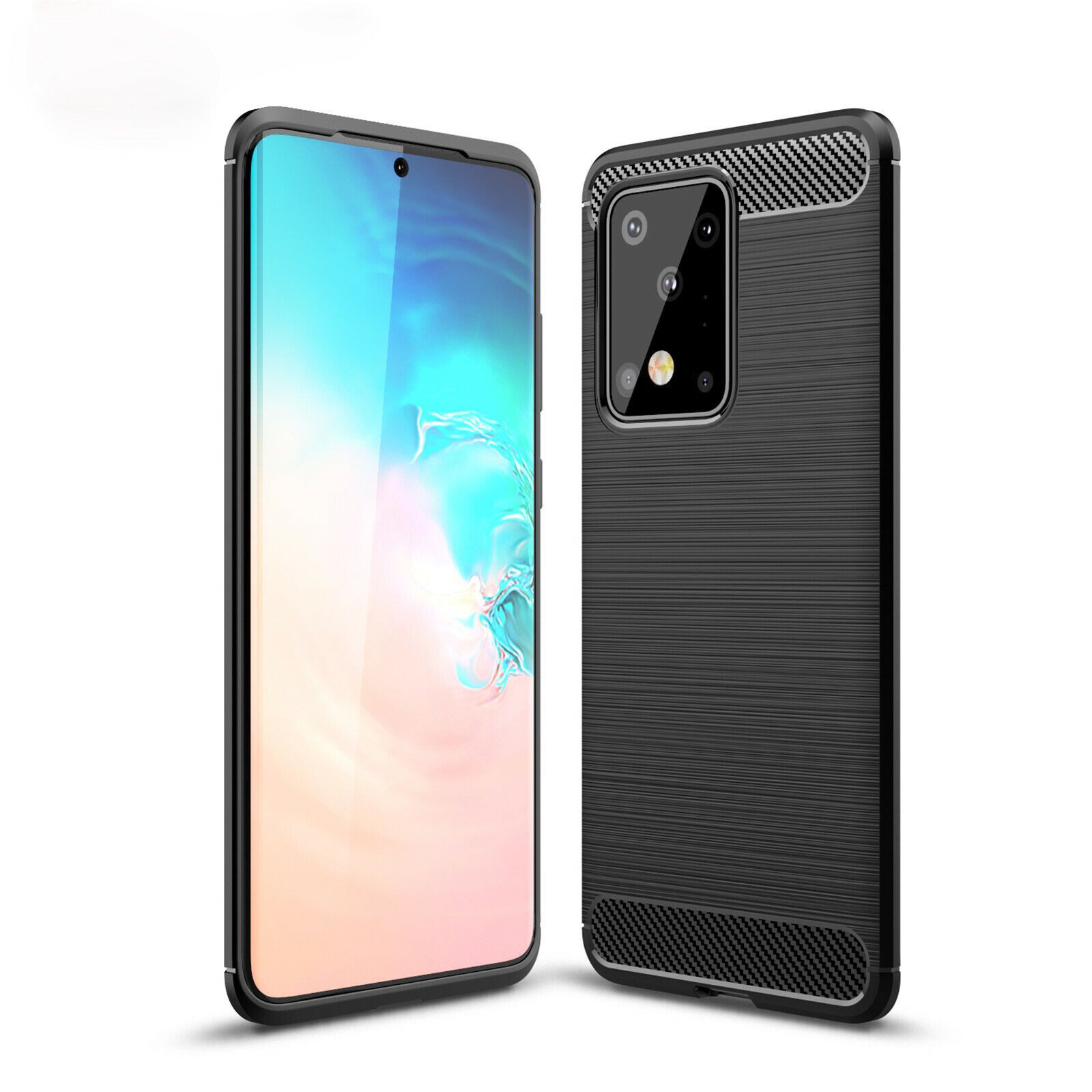 betterfon Handyhülle Carbon Hülle für Samsung Galaxy S20 Ultra Backcover TPU Schwarz, Carbon-Look – stoßfestes Case mit Air-Cushion & Metall-Optik