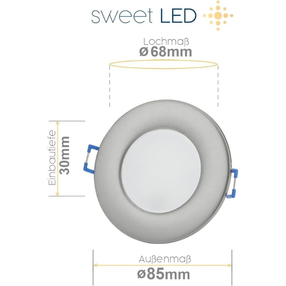 Sweet LED LED Einbaustrahler 10er SET IP44 Bad 6,5W 230V 3000K LED Einbauspots Chrom flach Warmweiß, 3000K, Warmweiß, Deckenspots, Ø 85 mm, Einbauleuchten
